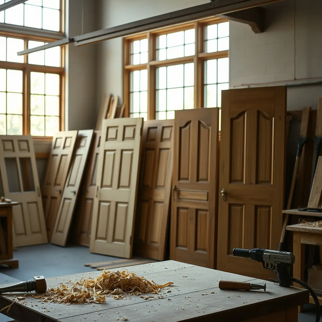 Atelier de menuiserie avec plusieurs portes d'entrée en cours de fabrication artisanale