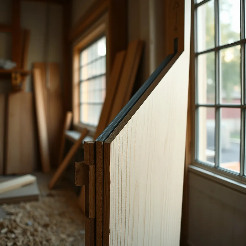 Détail de la jonction aluminium-bois sur une coupe de porte mixte en atelier