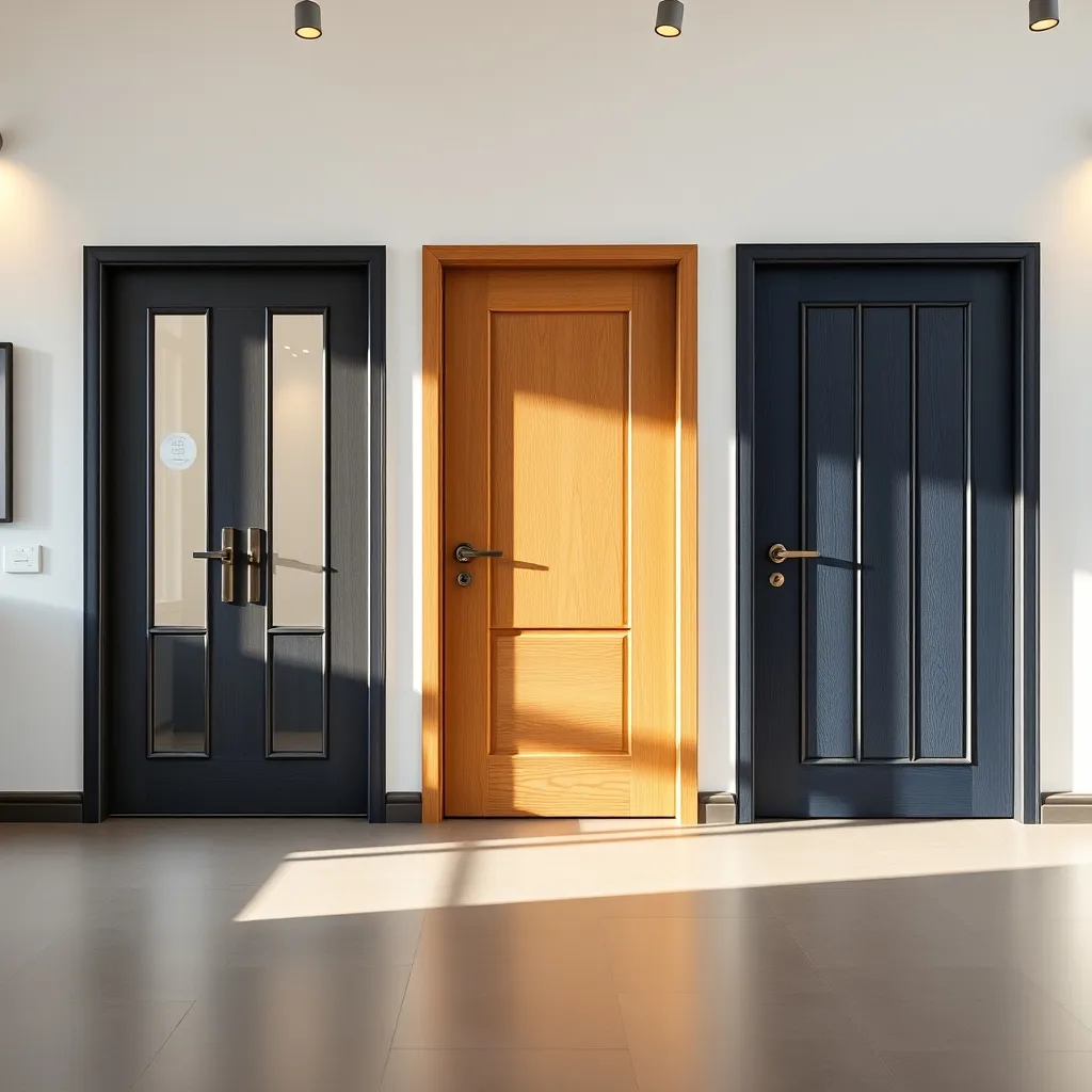 Gamme de portes d'entrée alu bois exposées en showroom avec différents coloris