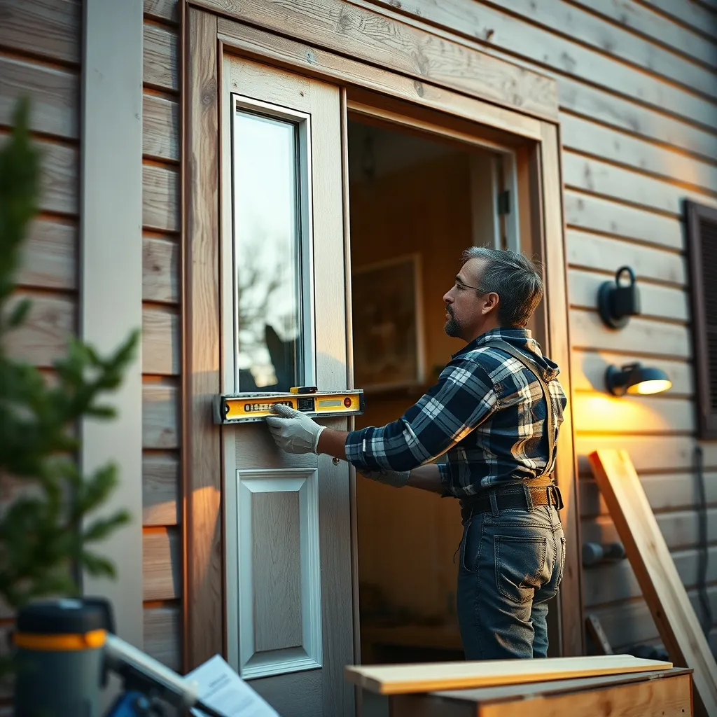 Menuisier professionnel vérifiant l'aplomb lors de la pose d'une porte mixte alu bois