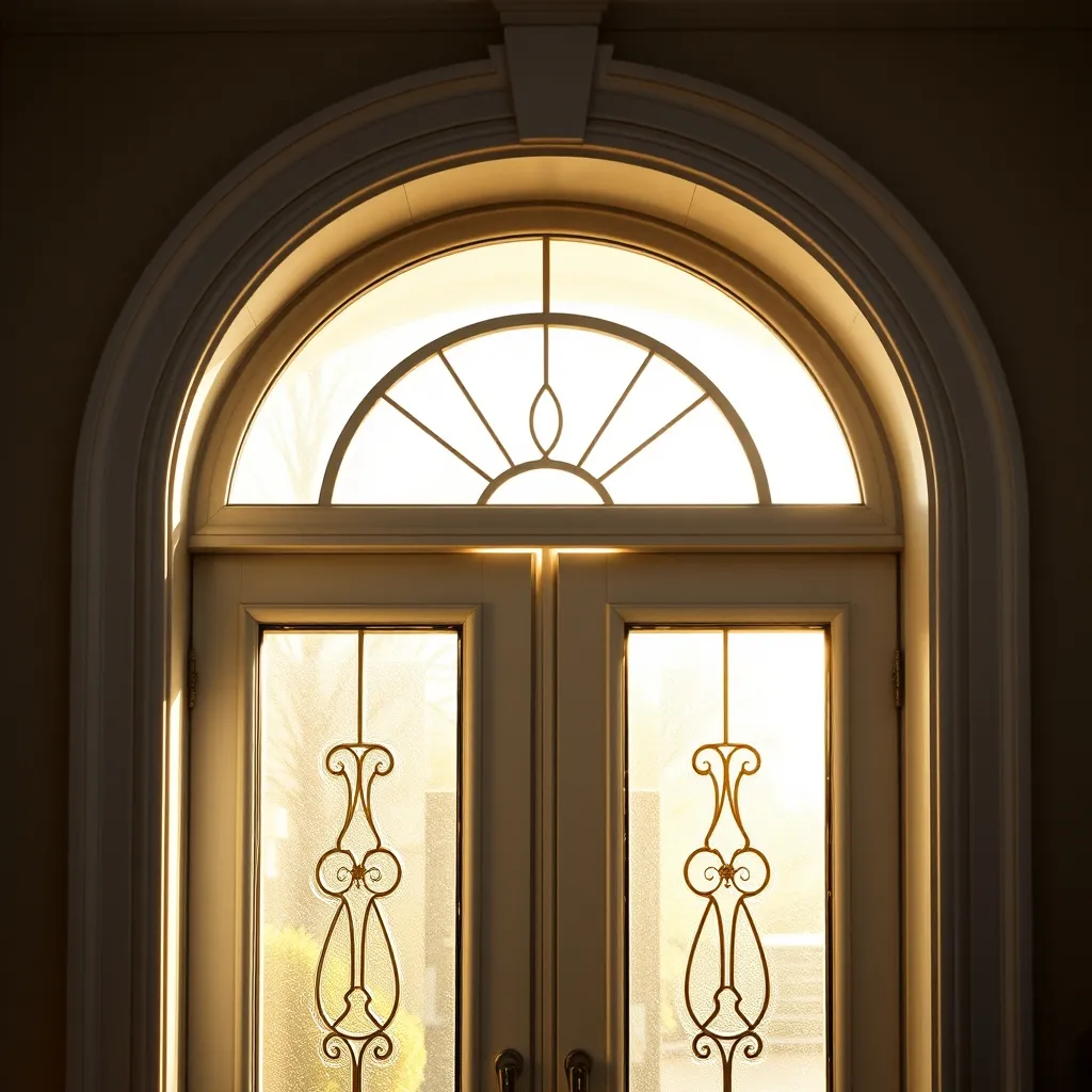 Détail d'une porte cintrée en aluminium avec vitrage décoratif