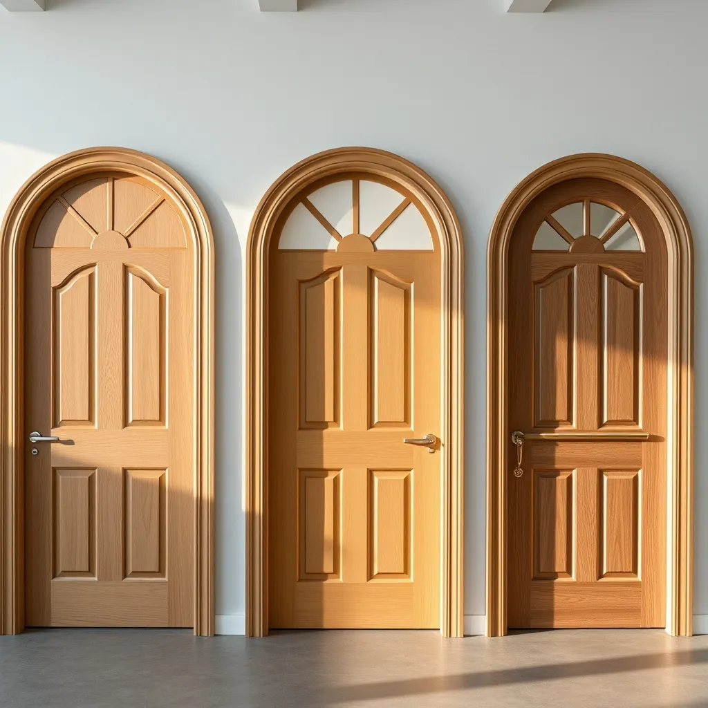 Comparatif de portes cintrées en bois, aluminium et PVC en showroom