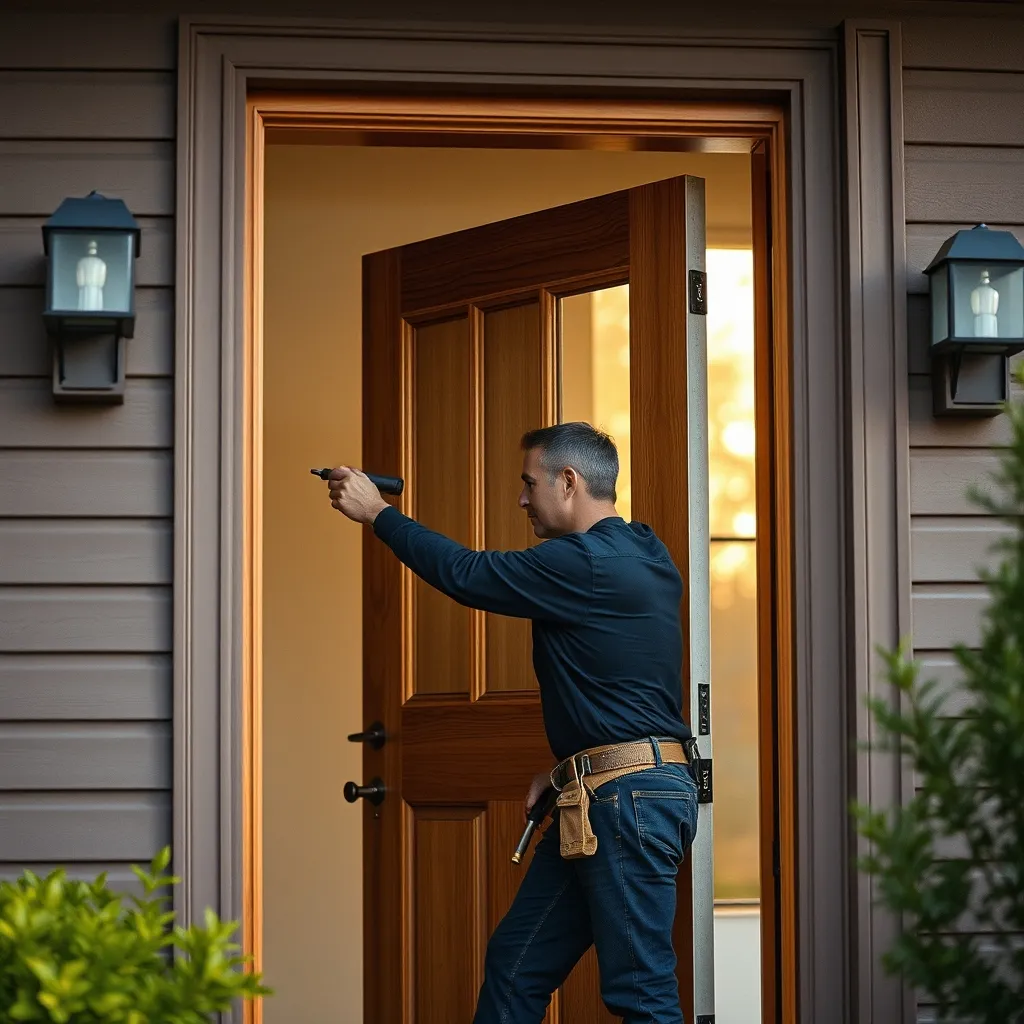 Pose professionnelle d'une porte d'entrée mixte bois aluminium par un menuisier