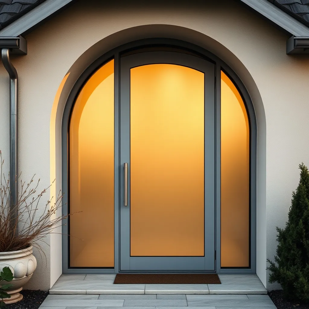 Porte d'entrée cintrée en aluminium avec vitrage décoratif sur une maison contemporaine