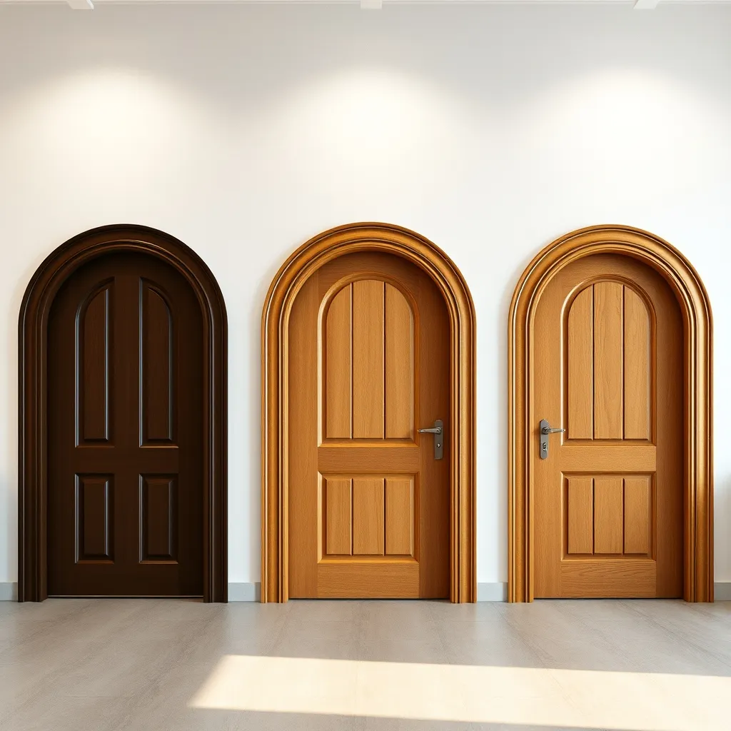 Comparatif de portes cintrées en PVC, bois et aluminium exposées en showroom