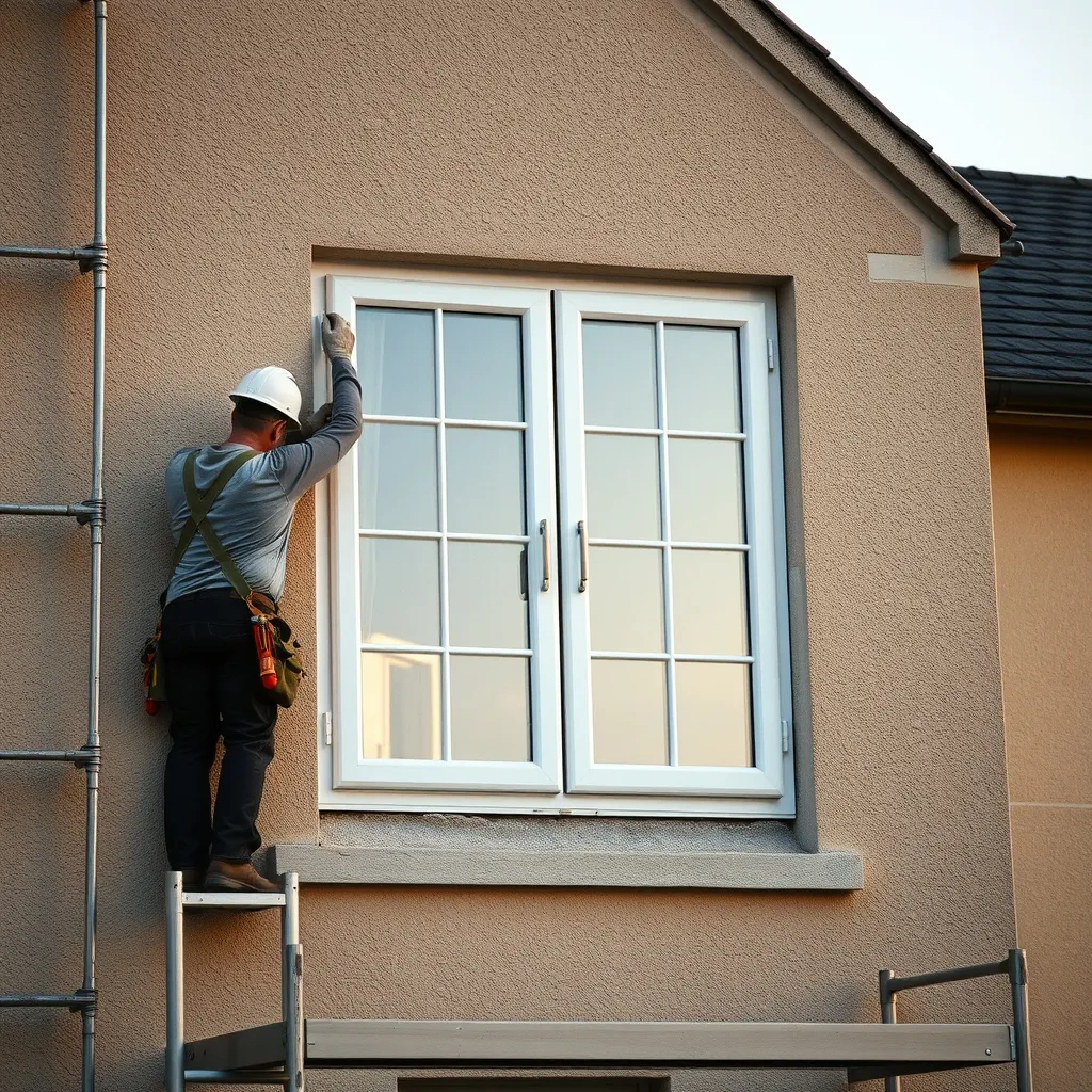 Artisan posant une fenêtre aluminium deux vantaux en rénovation