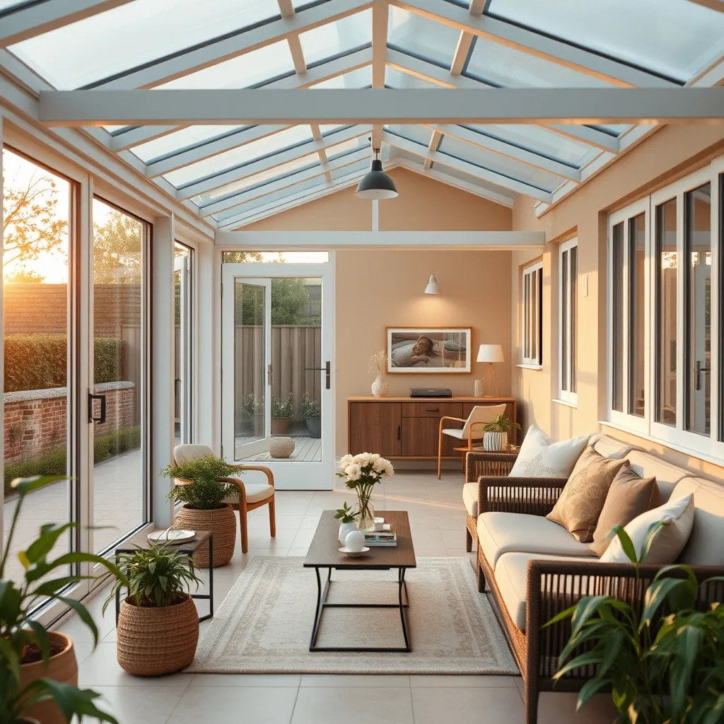 Intérieur lumineux d'une véranda aluminium aménagée en salon avec baies coulissantes