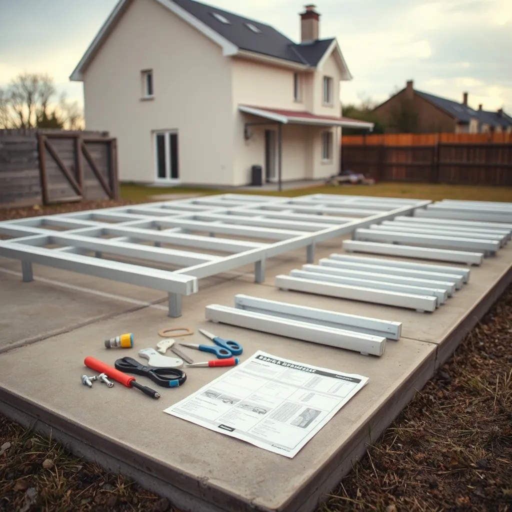 Composants d'une véranda aluminium en kit prêts à être assemblés sur la dalle béton
