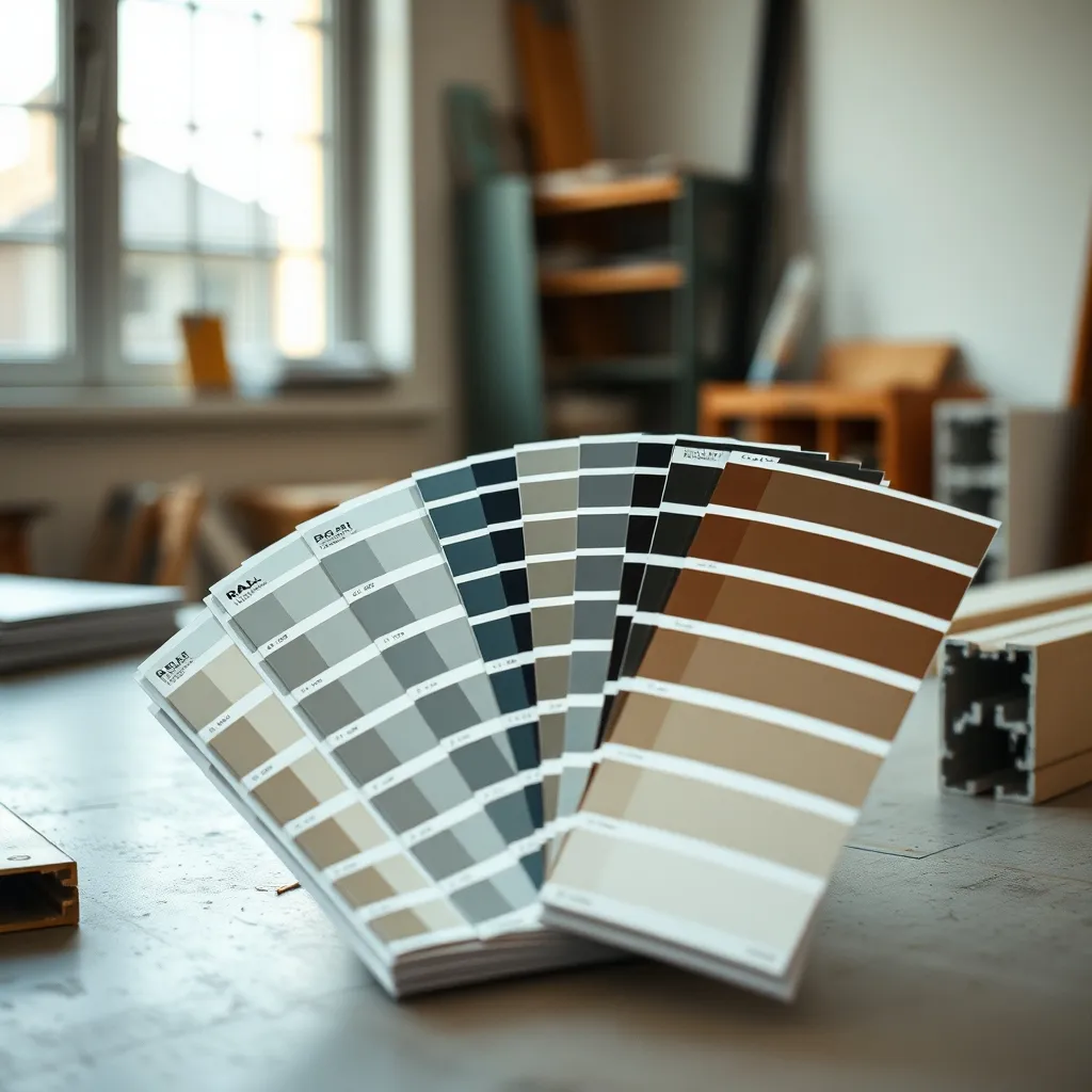 Nuancier RAL Classic ouvert sur un établi à côté de profilés aluminium bruts