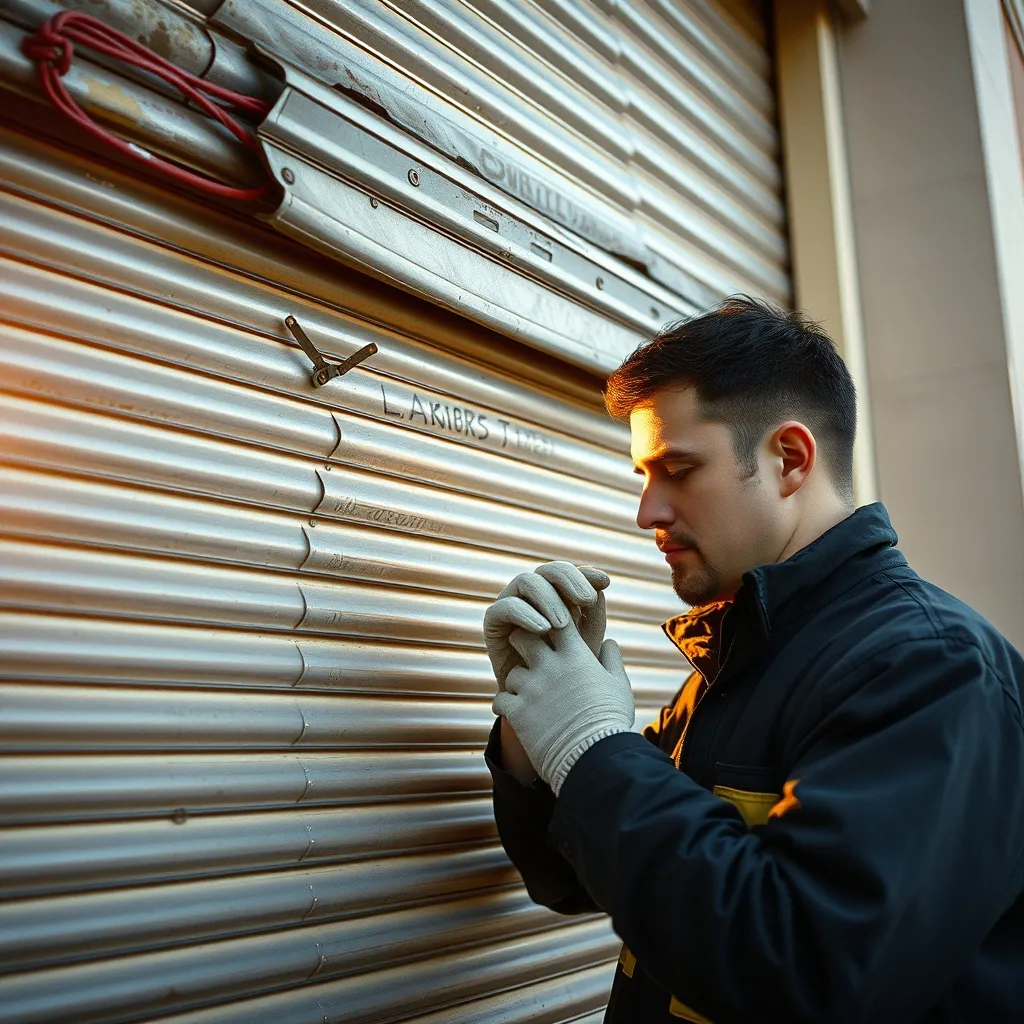 Technicien inspectant des lames déformées sur un rideau métallique commercial