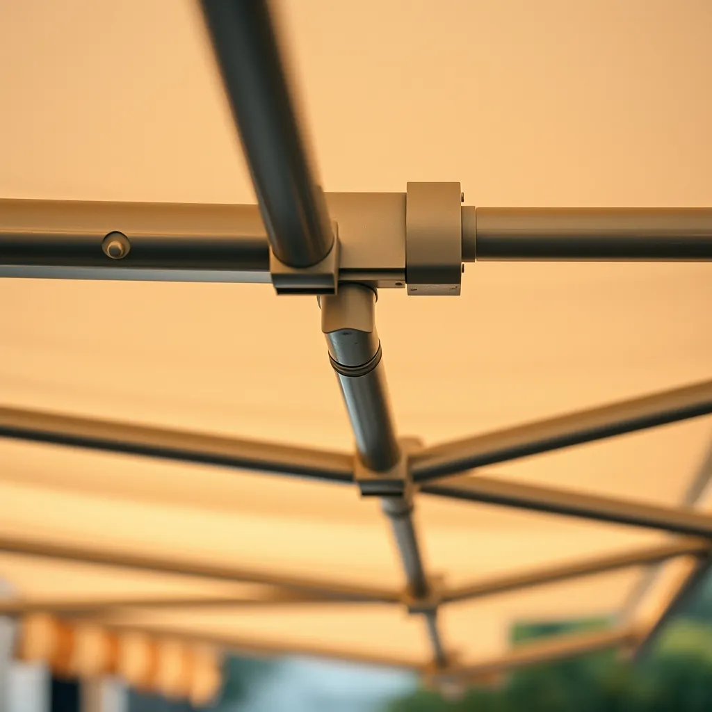 Détail du mécanisme à bras articulés d'un store banne rétractable en aluminium