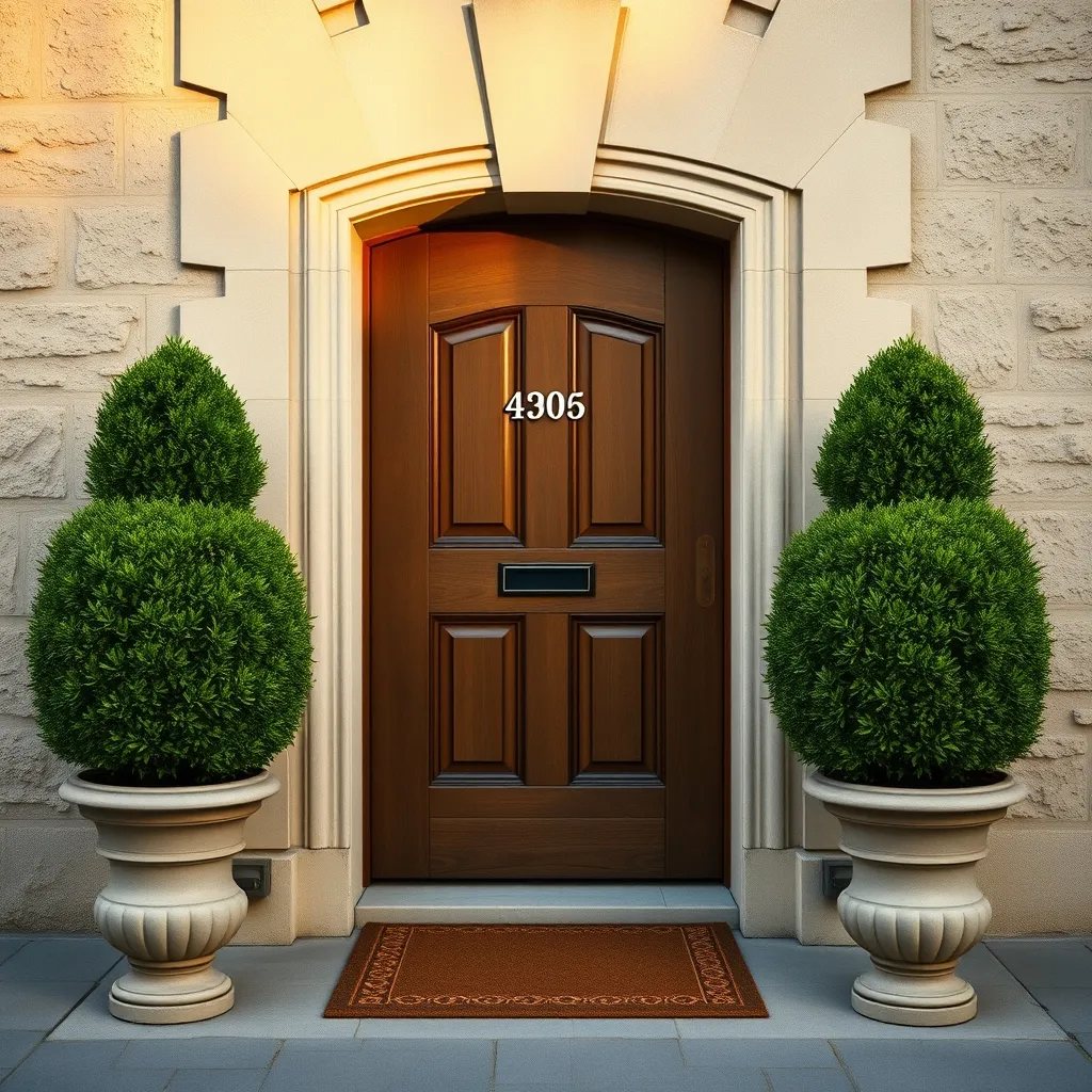 Buis taillés en pot encadrant une porte d'entrée en bois avec paillasson et numéro de maison