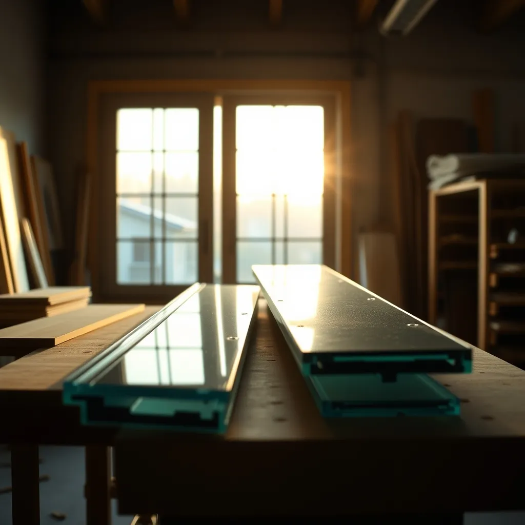 Atelier de menuiserie avec profilés aluminium et vitrages pour baie vitrée coulissante