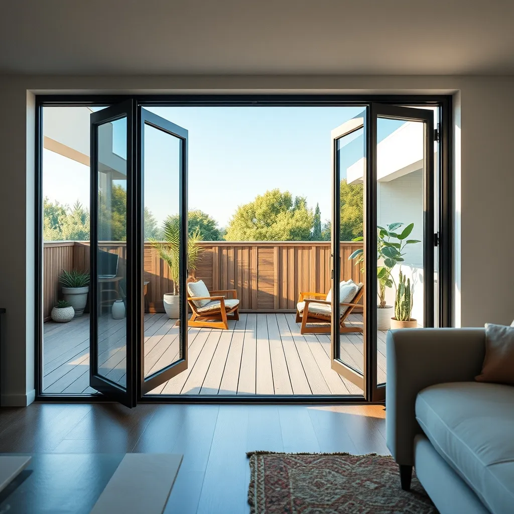 Baie vitrée pliante (bi-fold door) ouverte sur une terrasse en bois : un terme anglais de plus en plus courant