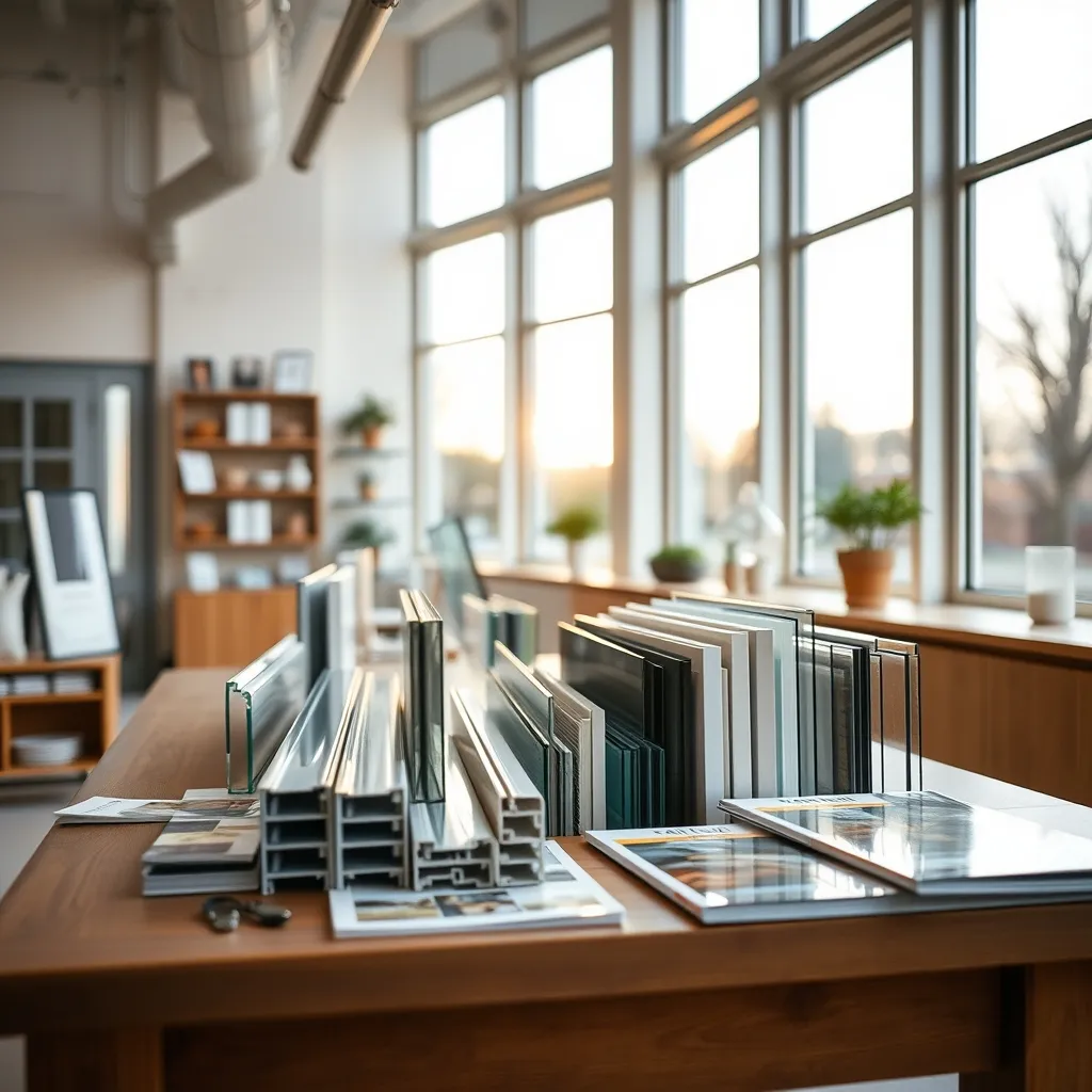 Échantillons de profilés aluminium et vitrages dans un showroom de vérandiste professionnel