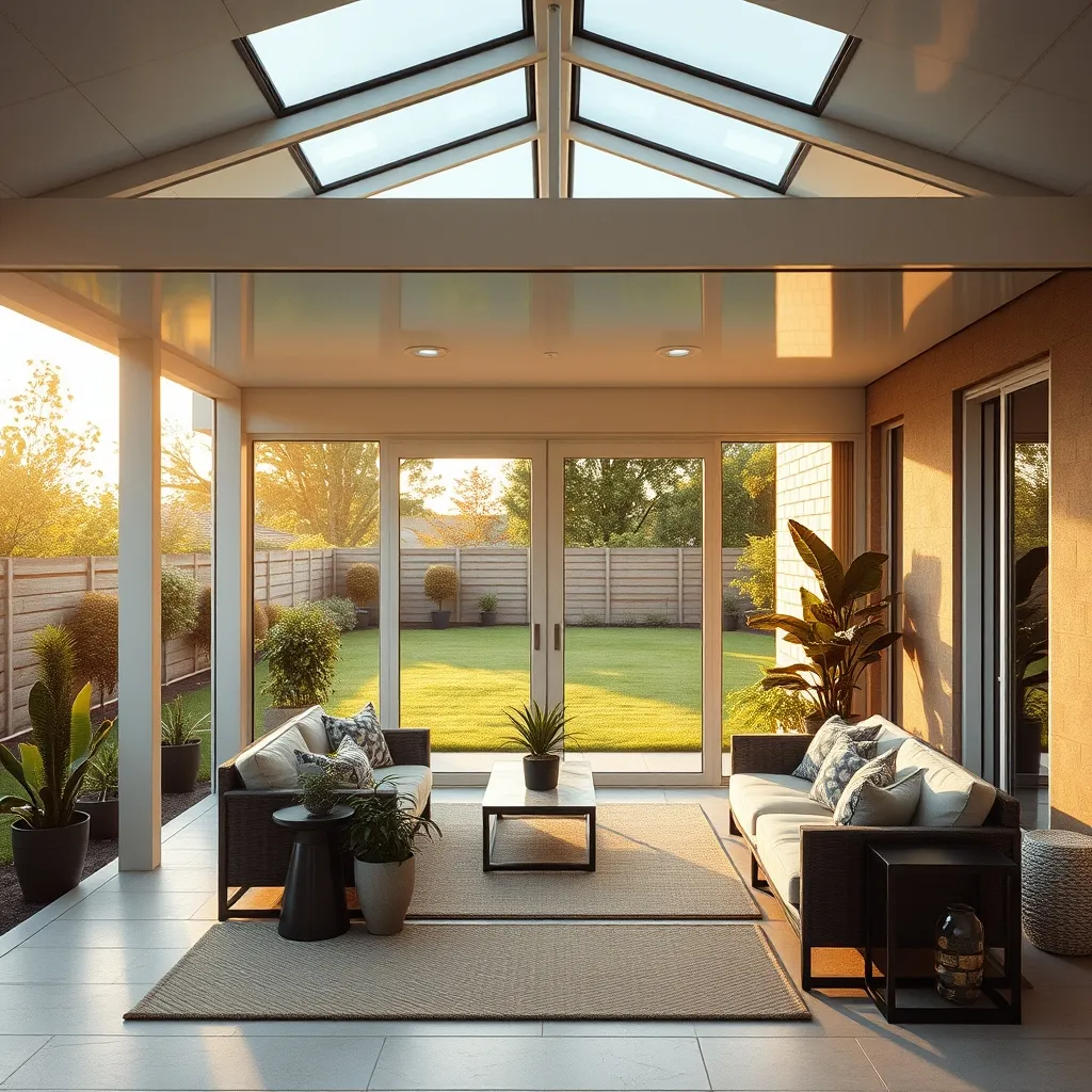 Véranda contemporaine à toit plat avec baies coulissantes ouvertes sur le jardin