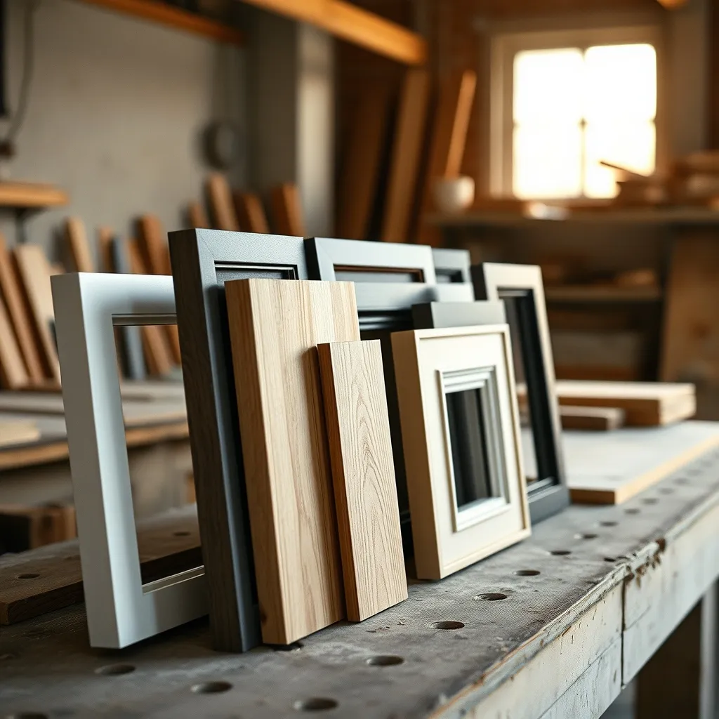 Échantillons de châssis PVC, bois et aluminium côte à côte en atelier