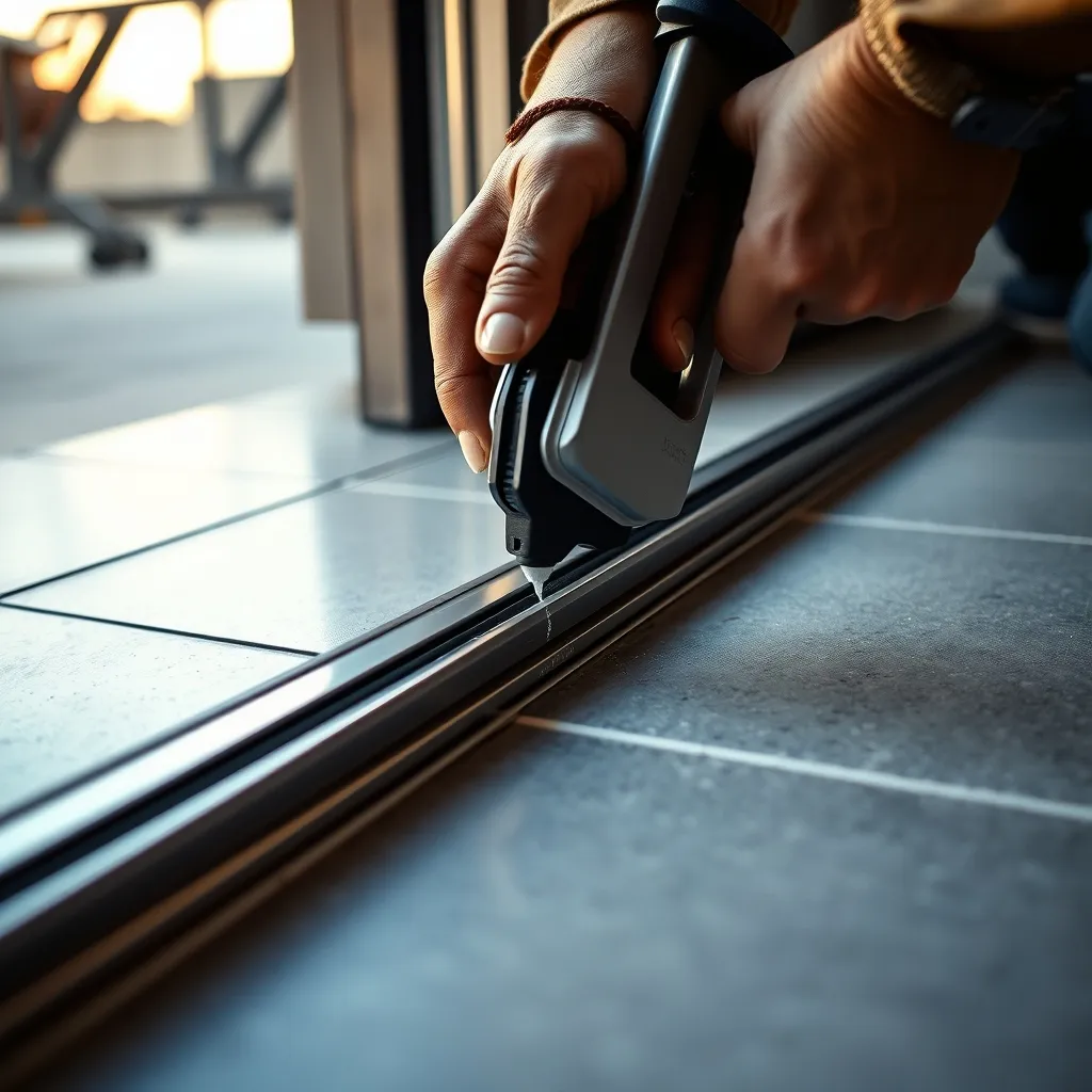 Application d'un joint silicone neutre à la jonction entre l'habillage aluminium et le carrelage intérieur