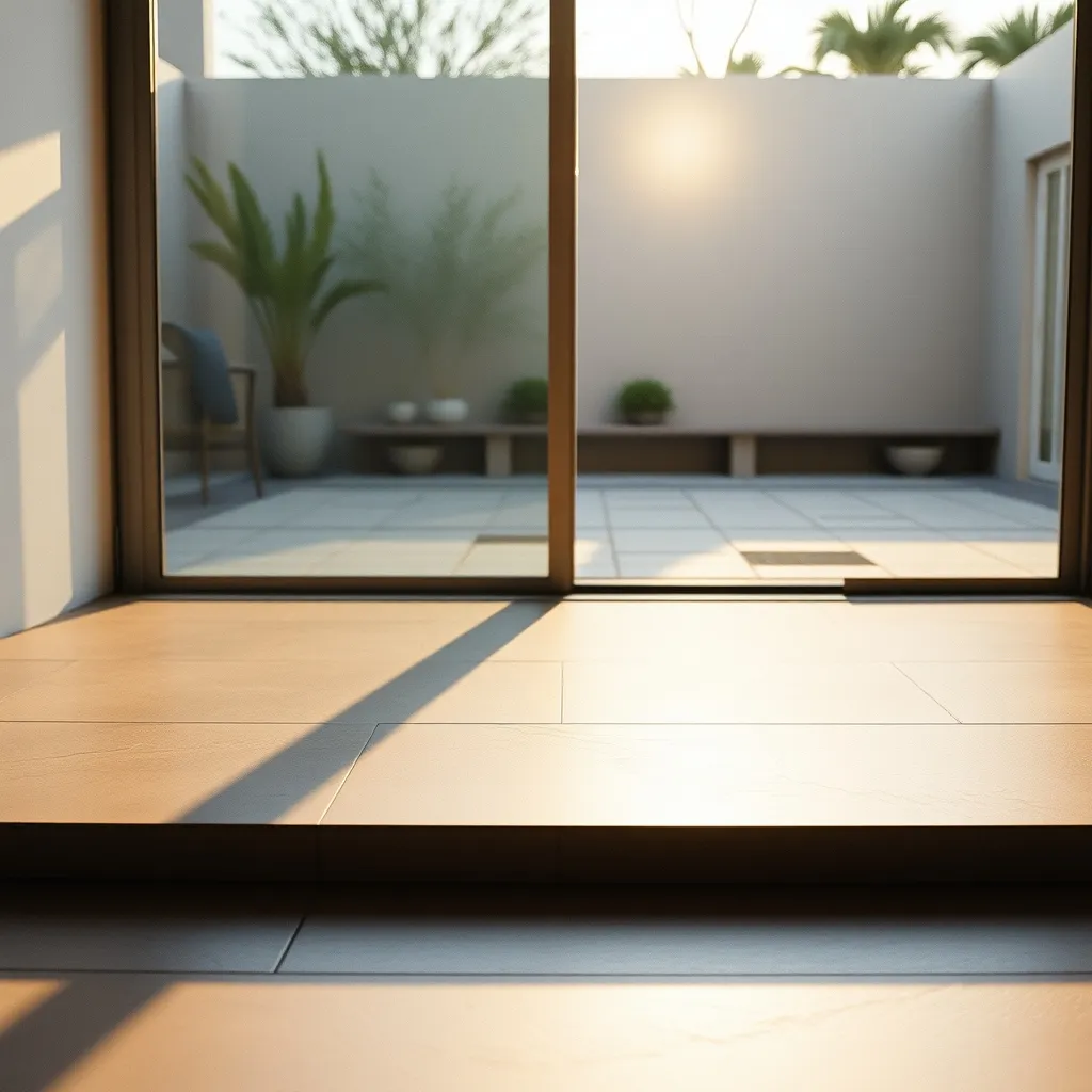 Seuil plat encastré permettant un passage affleurant entre l'intérieur et la terrasse