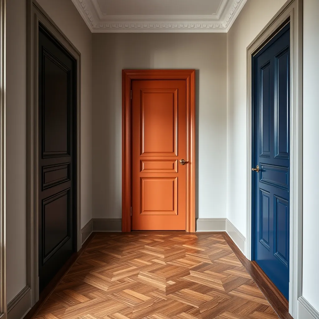 Trois portes intérieures peintes en noir mat, terracotta et bleu nuit dans un couloir rénové