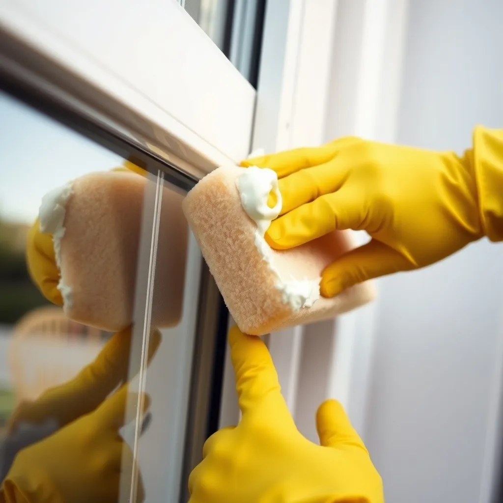 Application d'une pâte de bicarbonate de soude sur un profilé PVC jauni