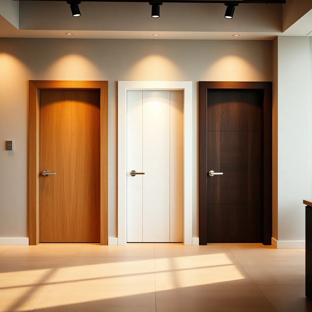 Différentes finitions de portes blindées exposées en showroom à Lyon