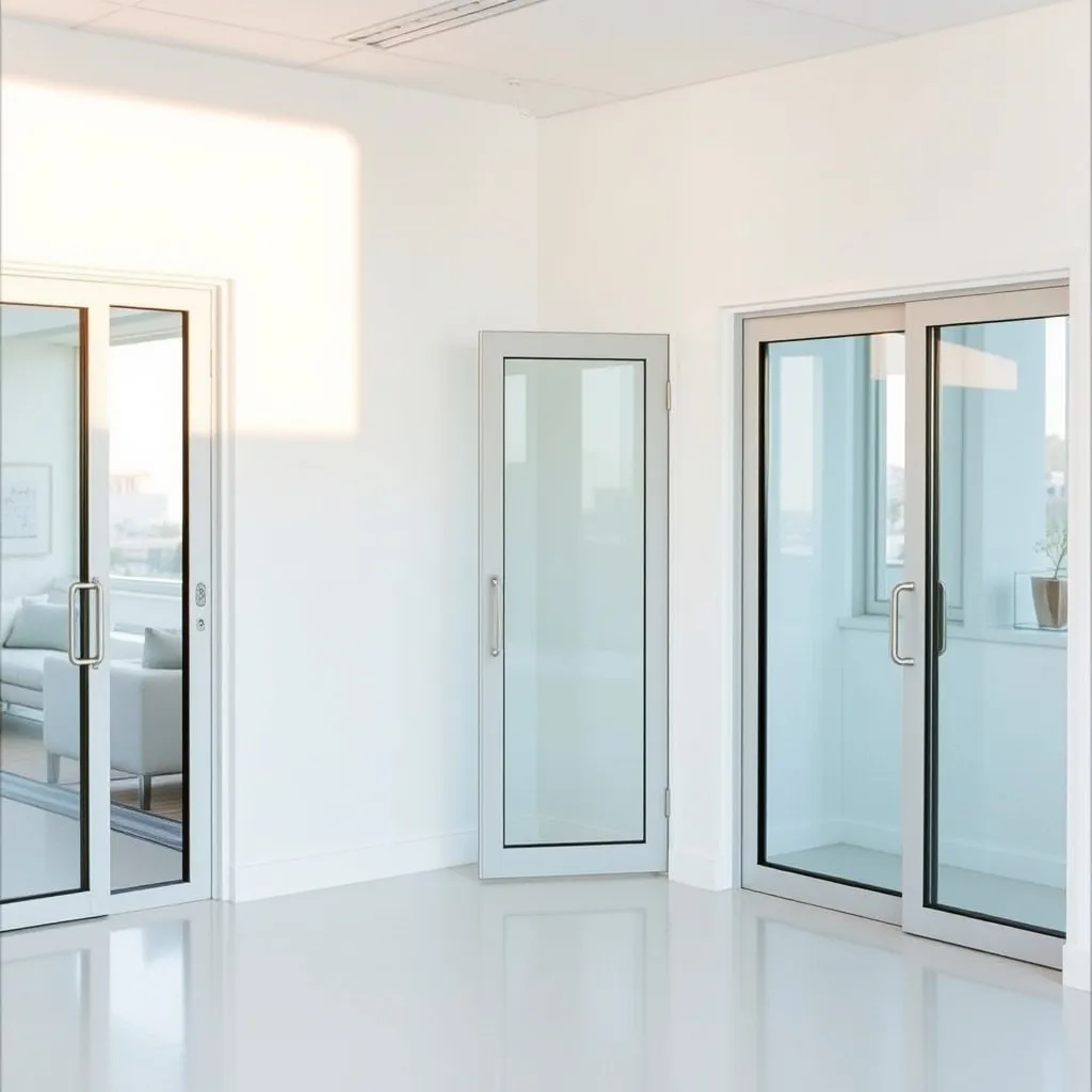 Différents modèles de baies vitrées exposés en showroom : coulissante, galandage et oscillo-coulissante