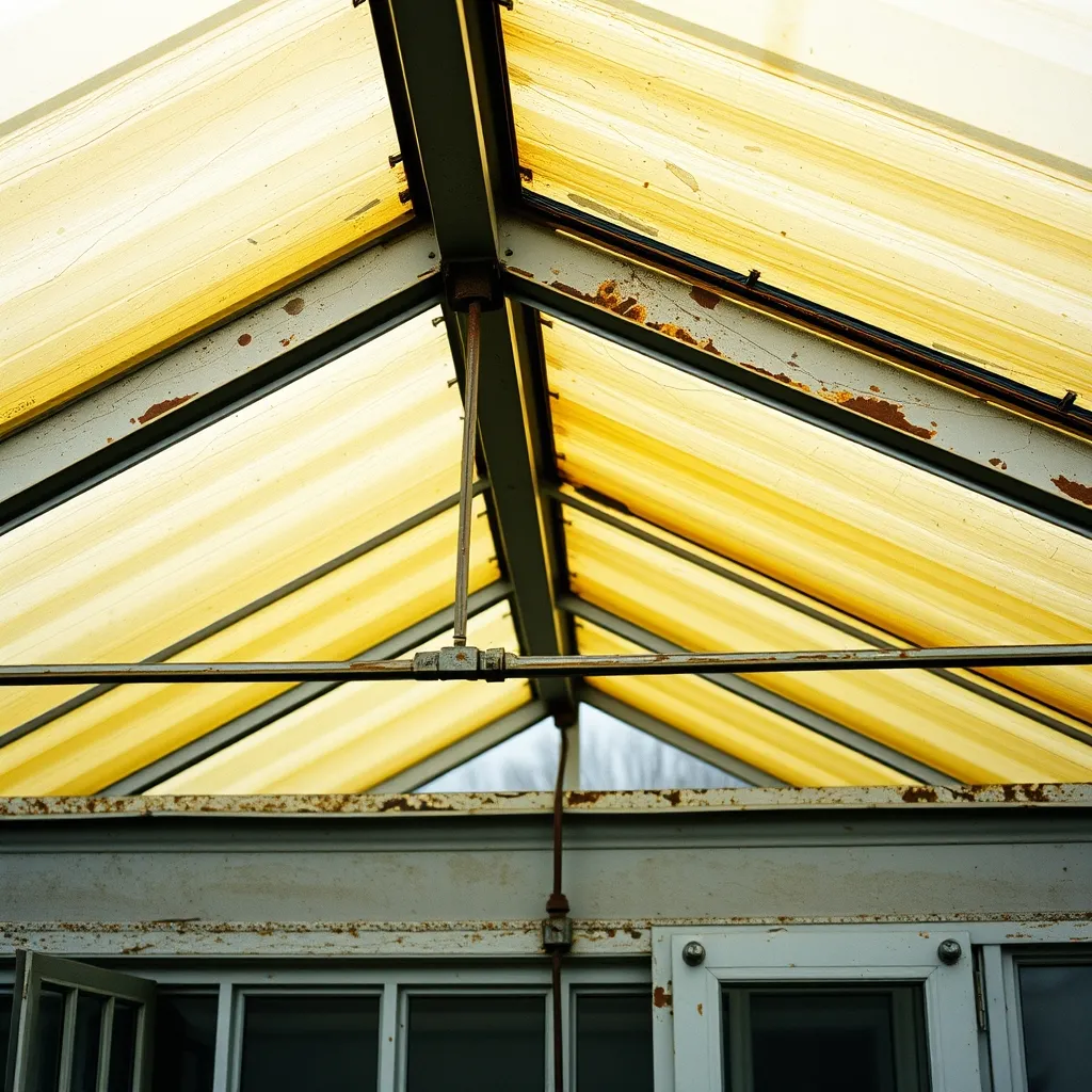 Véranda vieillissante avec polycarbonate jauni et structure oxydée avant rénovation