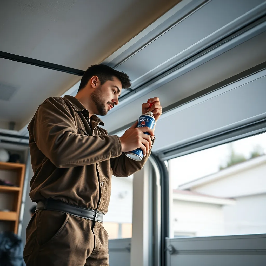 Technicien lubrifiant les galets et le rail d'une porte de garage sectionnelle