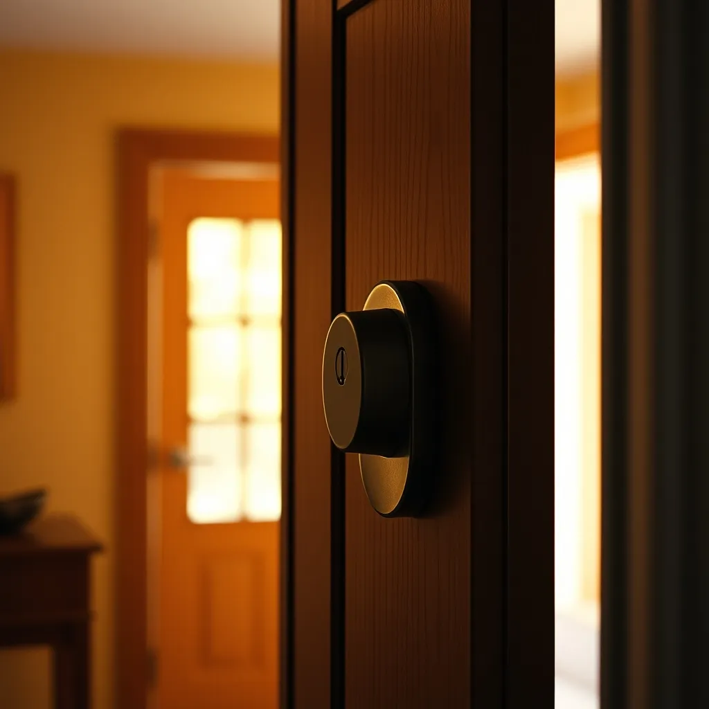 Serrure 3 points encastrée sur une porte d'entrée en bois massif