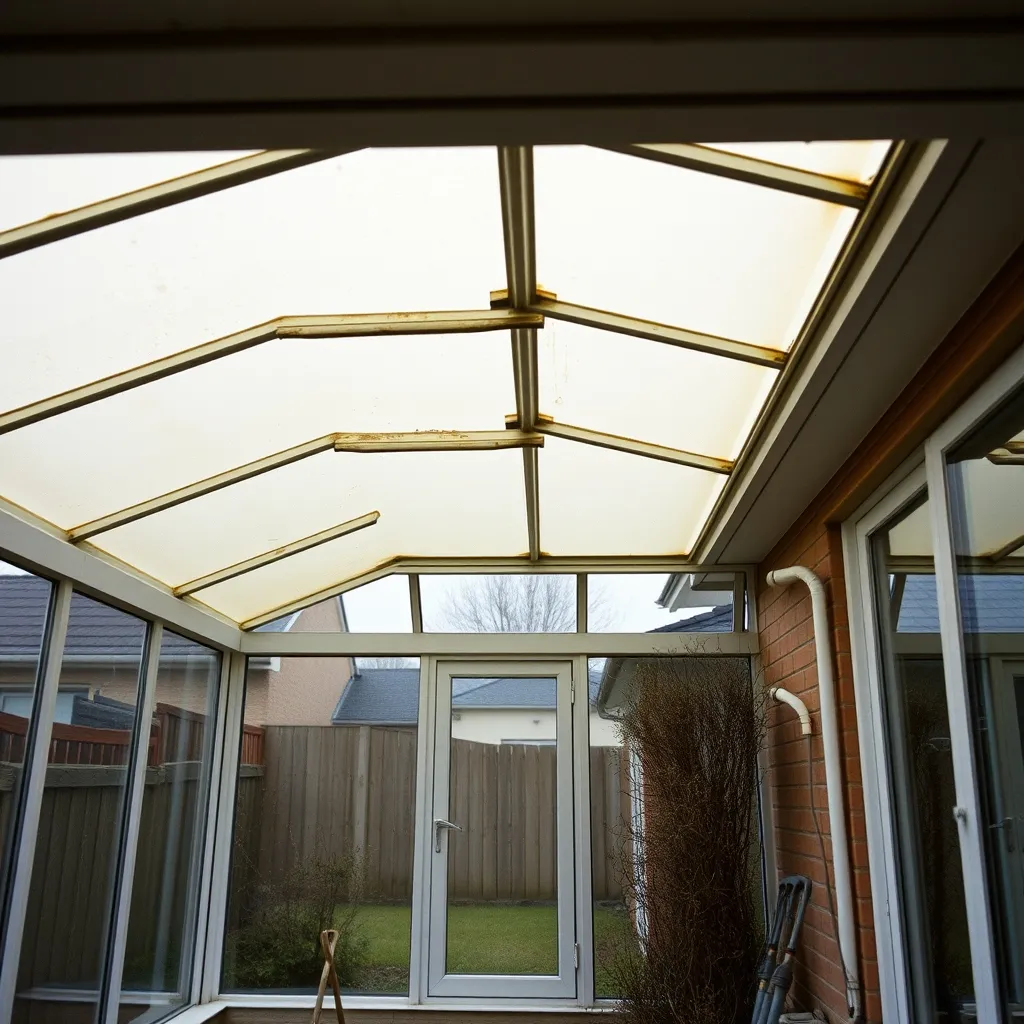 Toiture de véranda en polycarbonate jauni nécessitant un remplacement