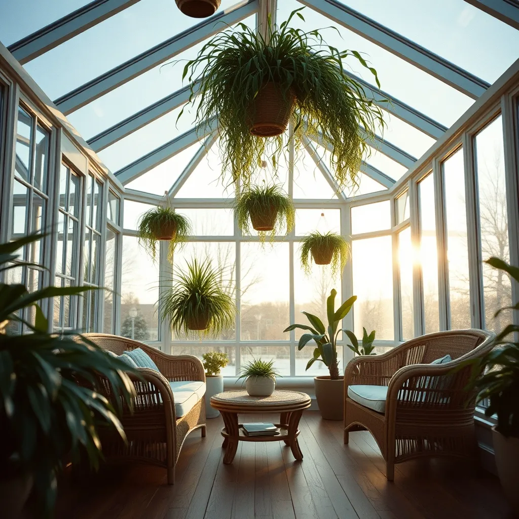 Détail d'un aménagement véranda avec parquet bois, rotin et plantes suspendues