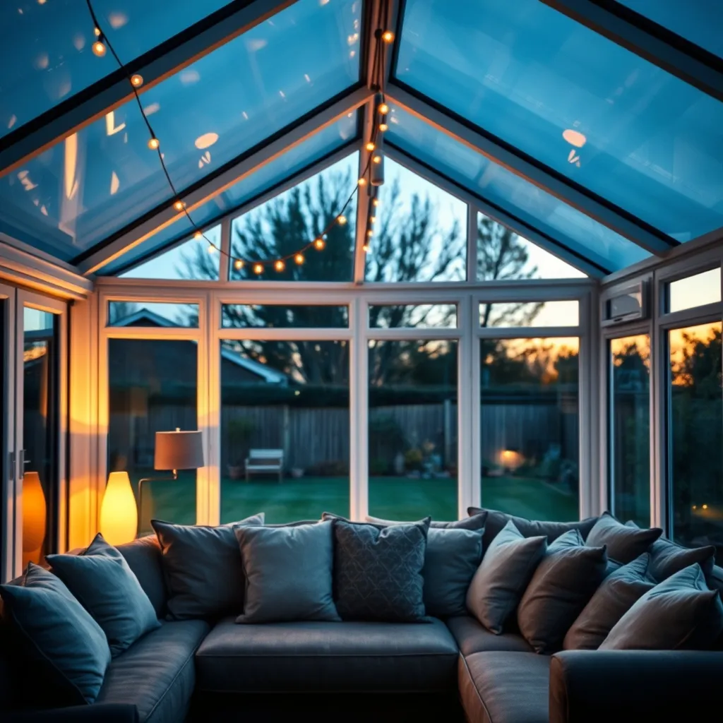 Éclairage indirect d'une véranda cocooning au crépuscule avec guirlandes et lampadaire