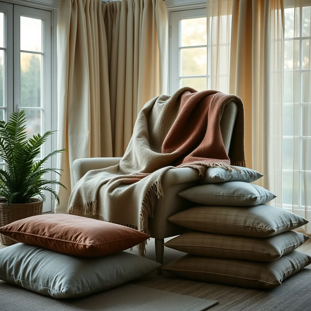 Superposition de textiles chaleureux dans une véranda : plaids en laine, coussins et rideaux en lin