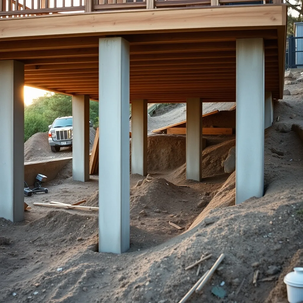 Pilotis en béton armé en cours de construction pour une véranda surélevée