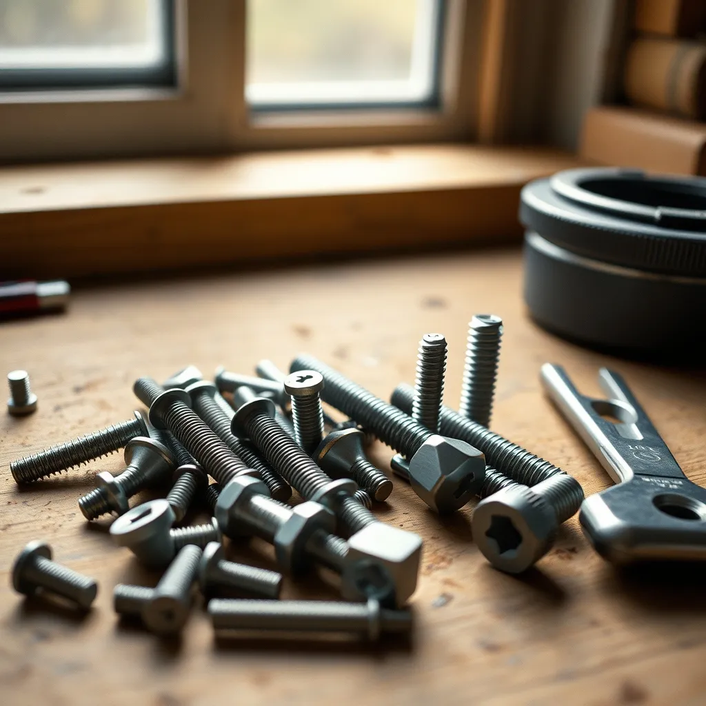 Différents modèles de vis de réglage pour fenêtre PVC sur un établi d'atelier