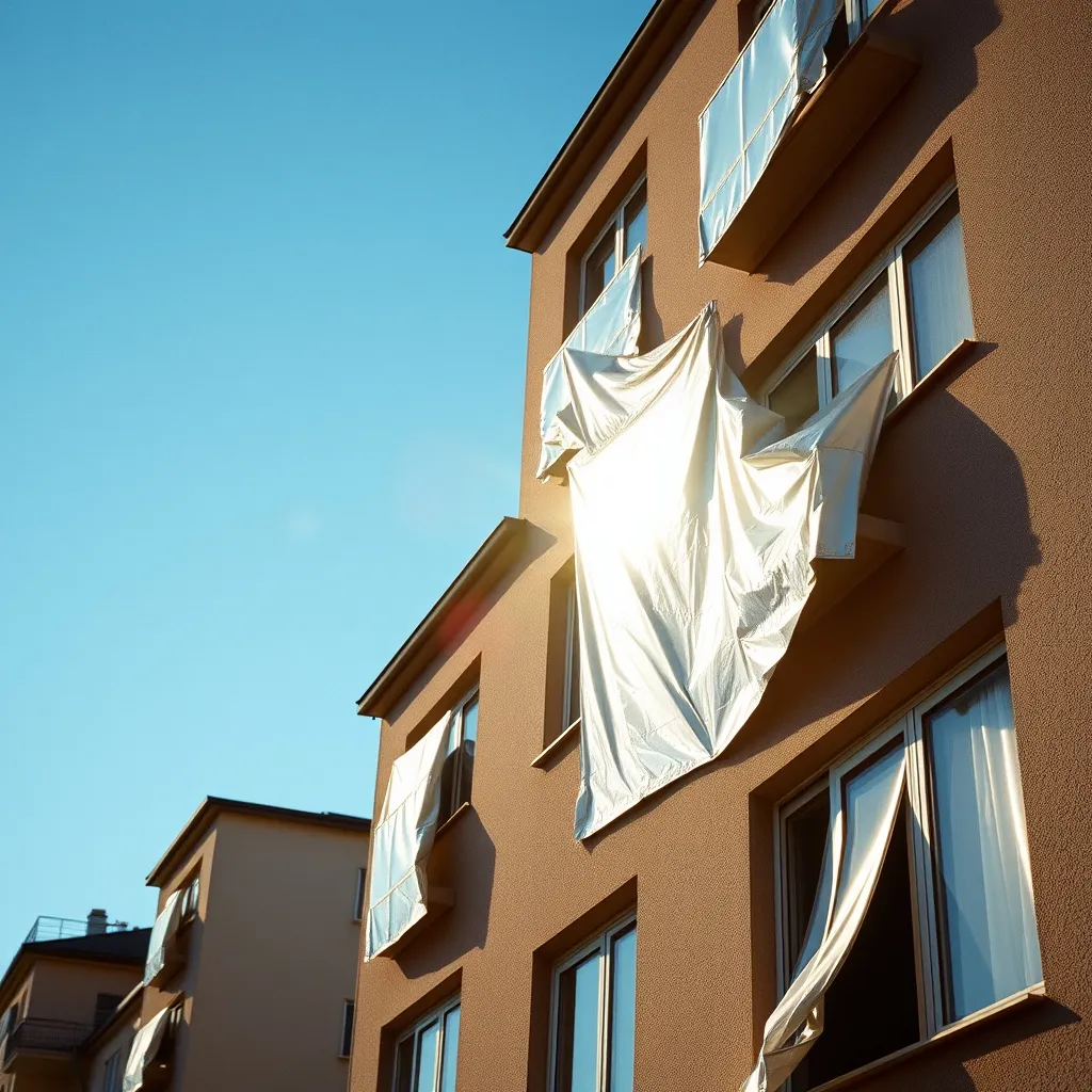 Vue extérieure de fenêtres recouvertes d'aluminium sur un immeuble en période de canicule