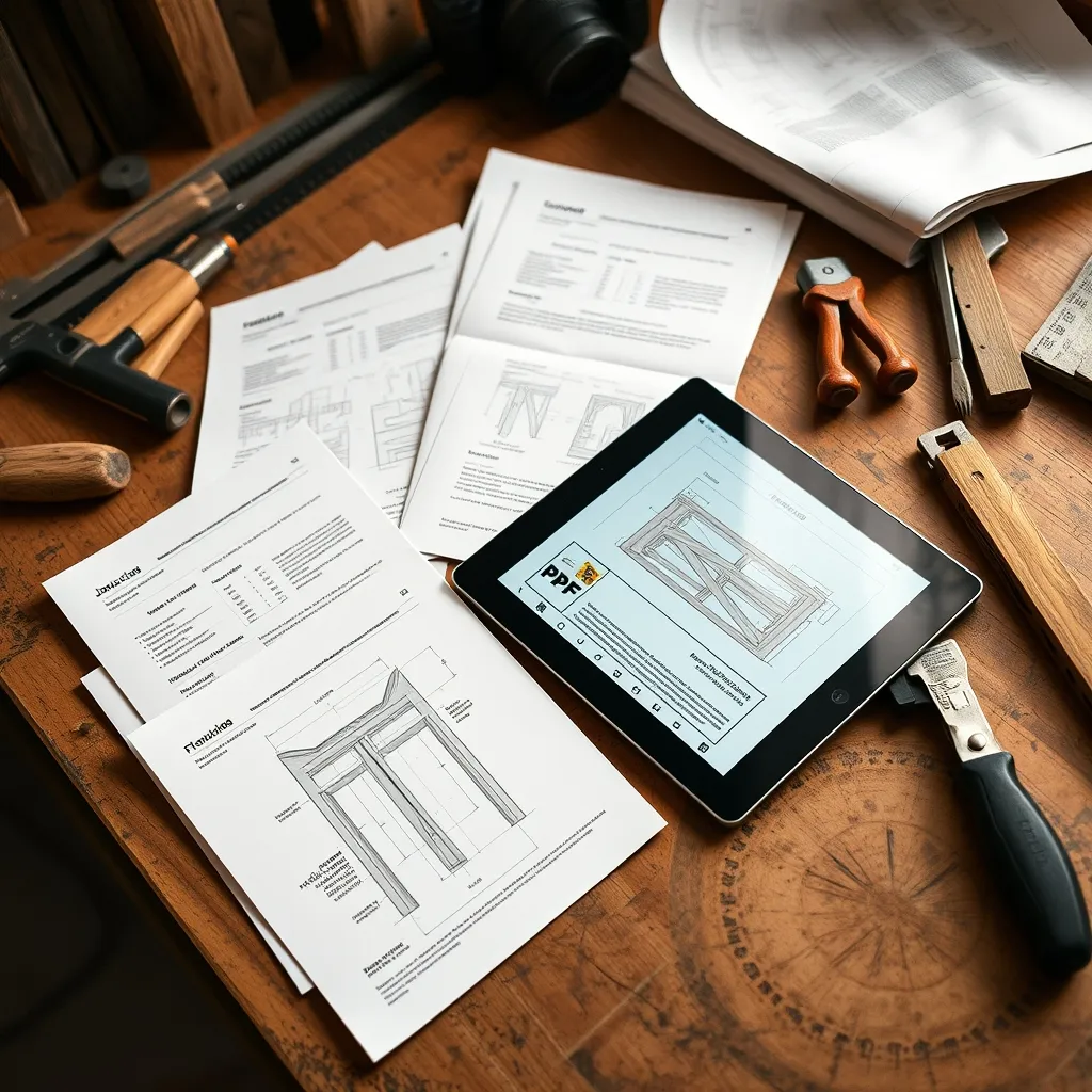 Plans d'assemblage bois imprimés et guide PDF consultés en atelier