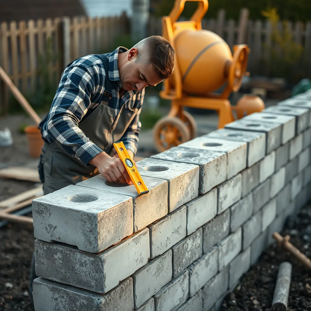 Pose de claustras béton sur un muret de jardin avec mortier et niveau à bulle