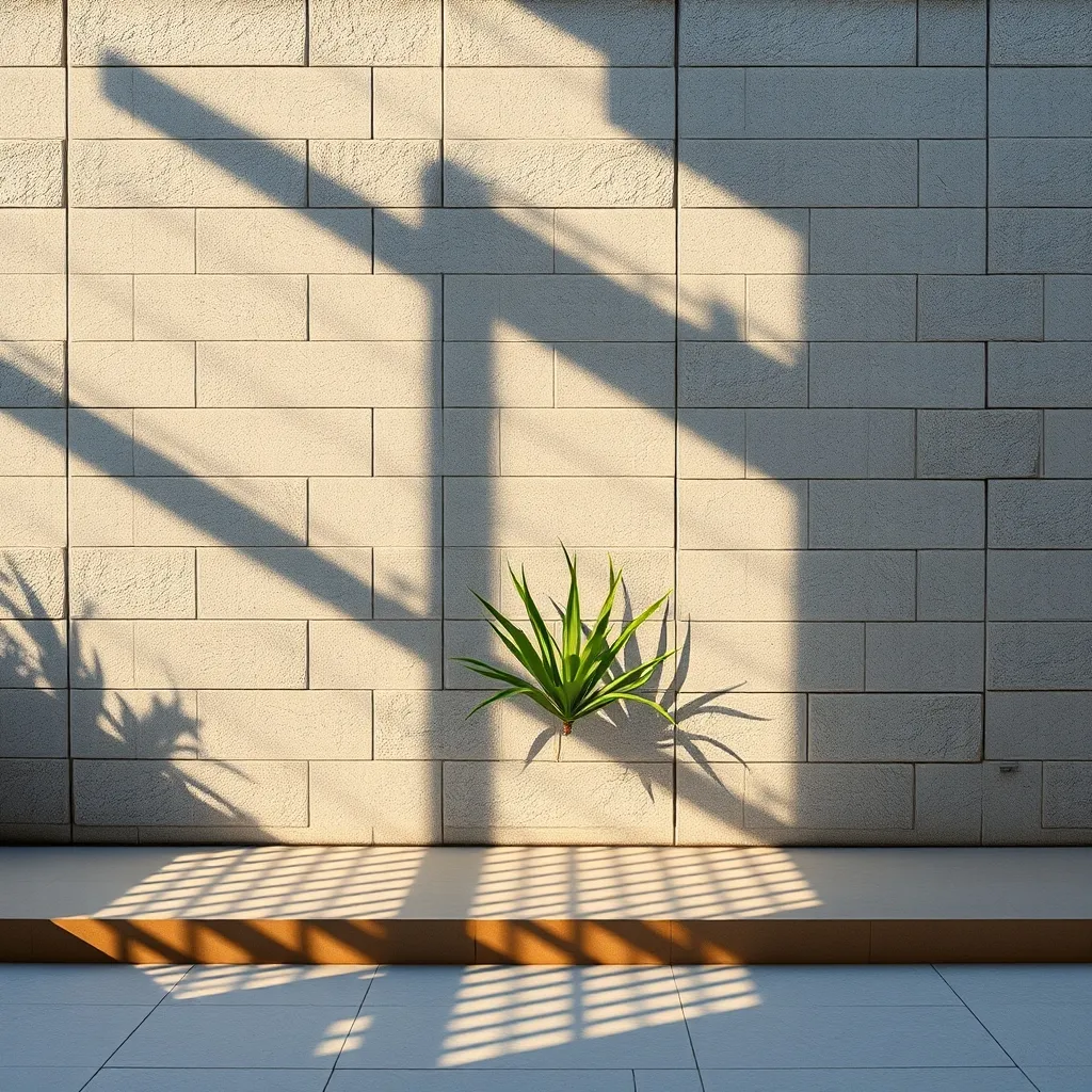 Un claustra en blocs de béton ajourés aux motifs géométriques projette des ombres décoratives sur la terrasse