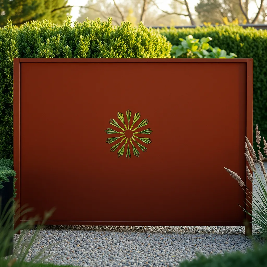 Un claustra en acier Corten avec découpe laser sert de brise-vue élégant dans un jardin contemporain