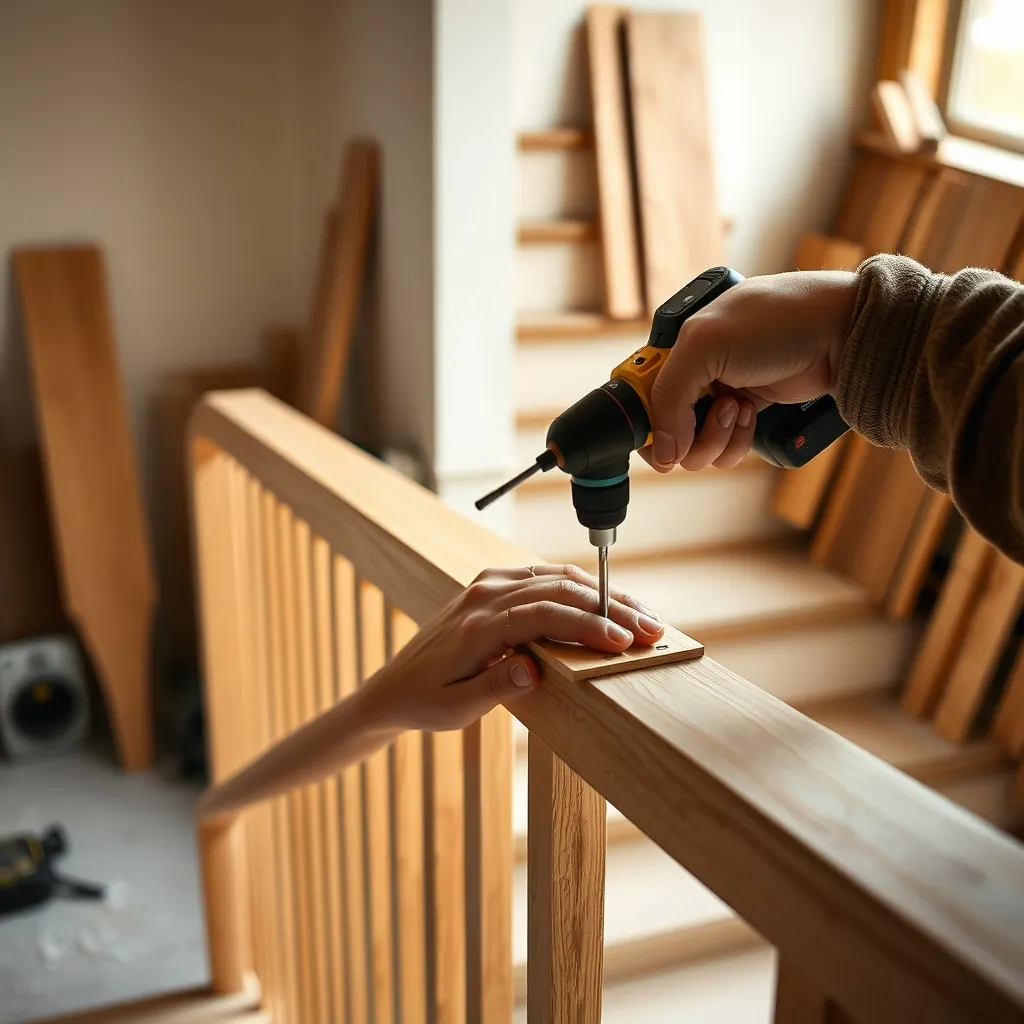 Pose d'un claustra escalier en tasseaux de bois avec perceuse-visseuse