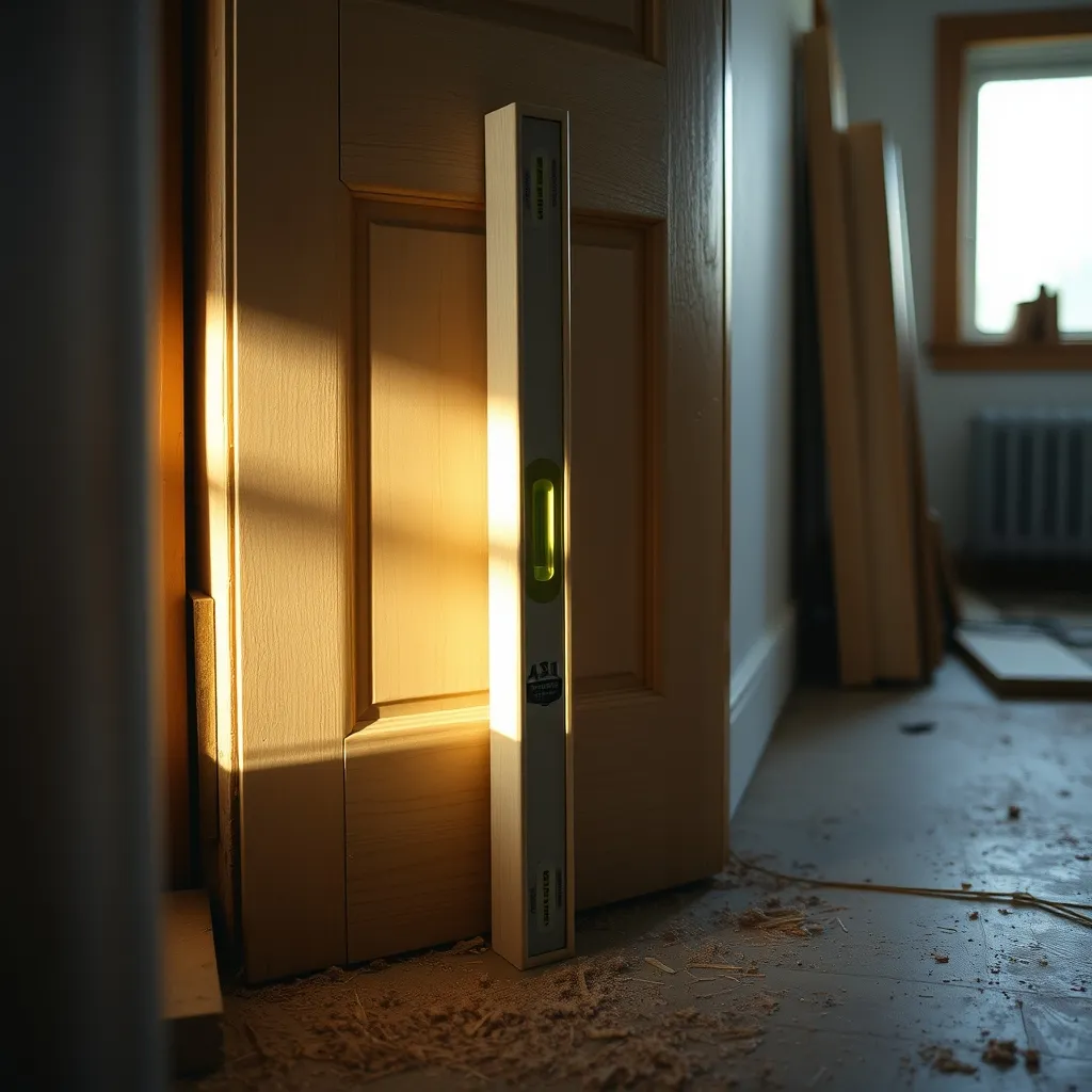 Vérification de l'aplomb du cadre à l'aide d'un niveau à bulle et de cales en bois