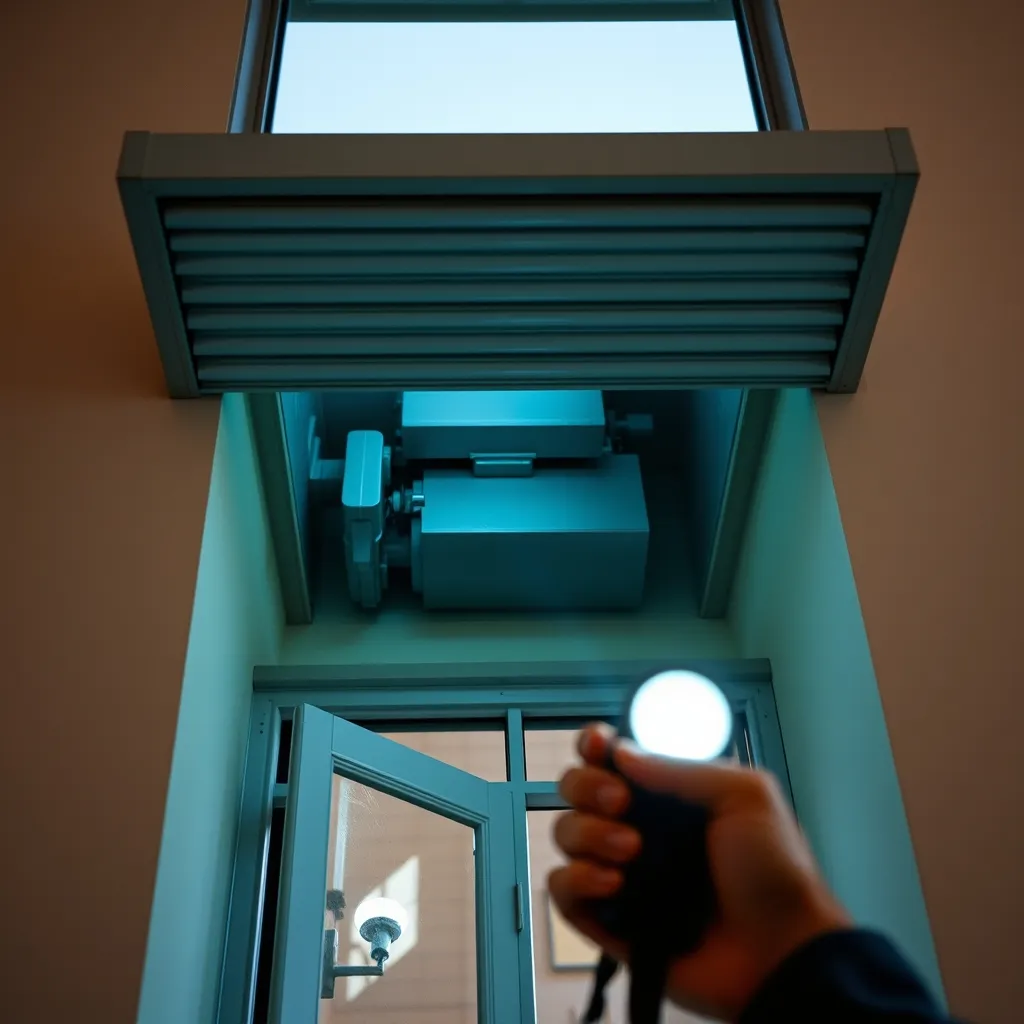 Vue de l'intérieur d'un coffre tunnel avec le mécanisme d'enroulement et le moteur tubulaire