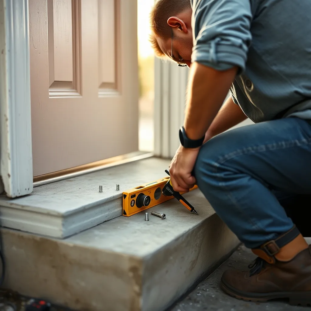 Pose d'un seuil technique avec vérification au niveau à bulle et application de mastic PU