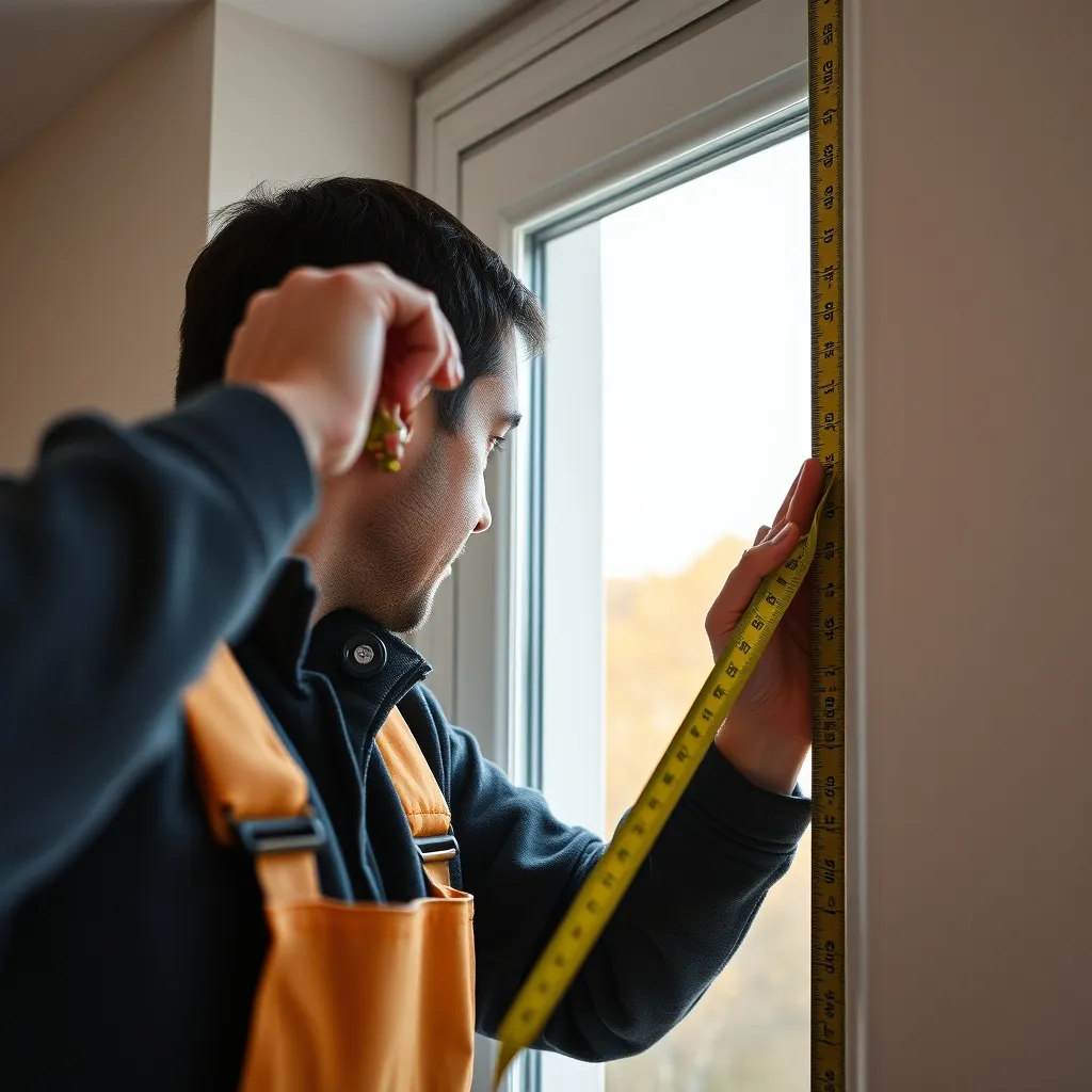 Prise de mesures par un menuisier avant l'établissement du devis fenêtre PVC