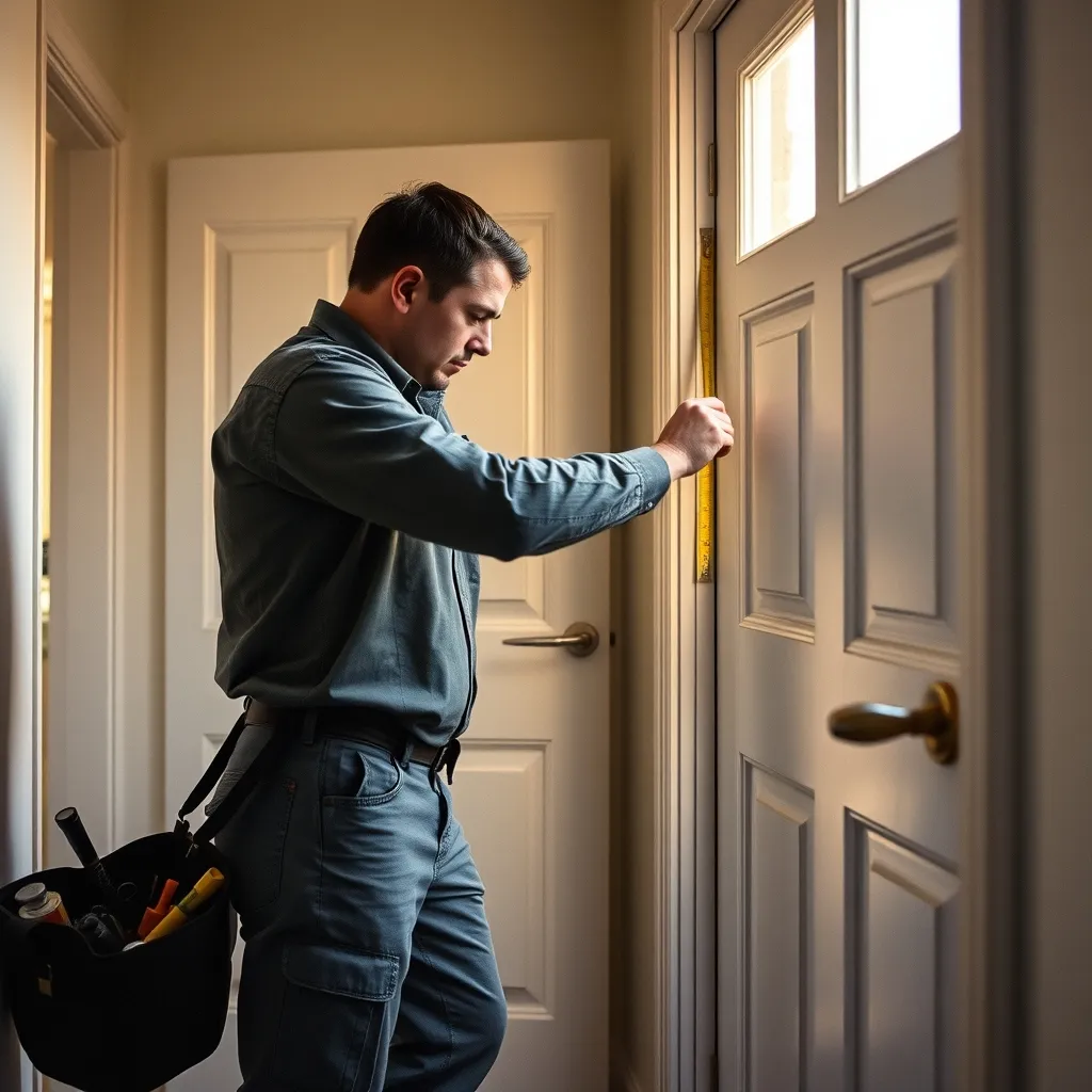 Artisan serrurier prenant les mesures avant la pose d'une porte blindée
