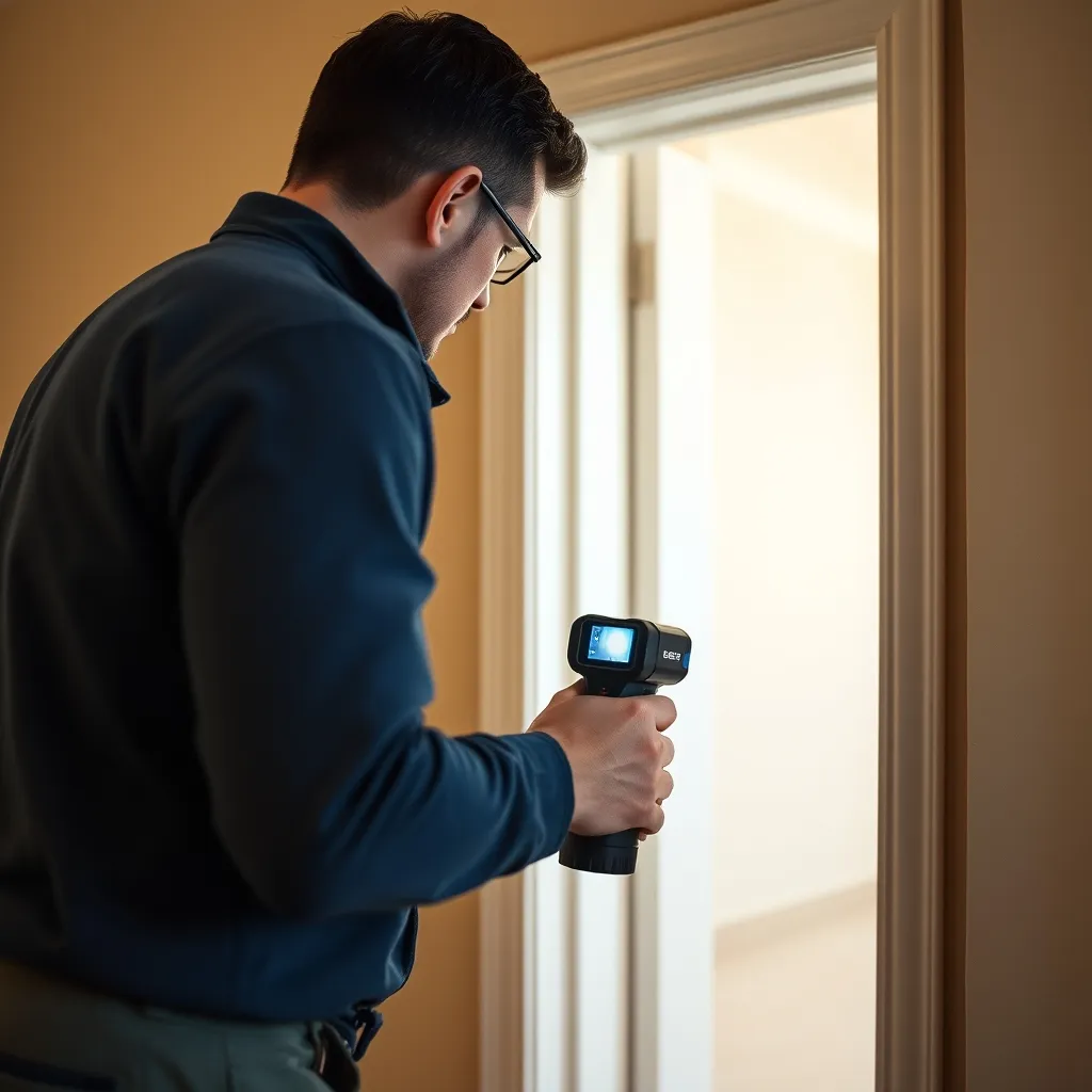Prise de mesures au laser avant la pose d'une porte blindée en appartement