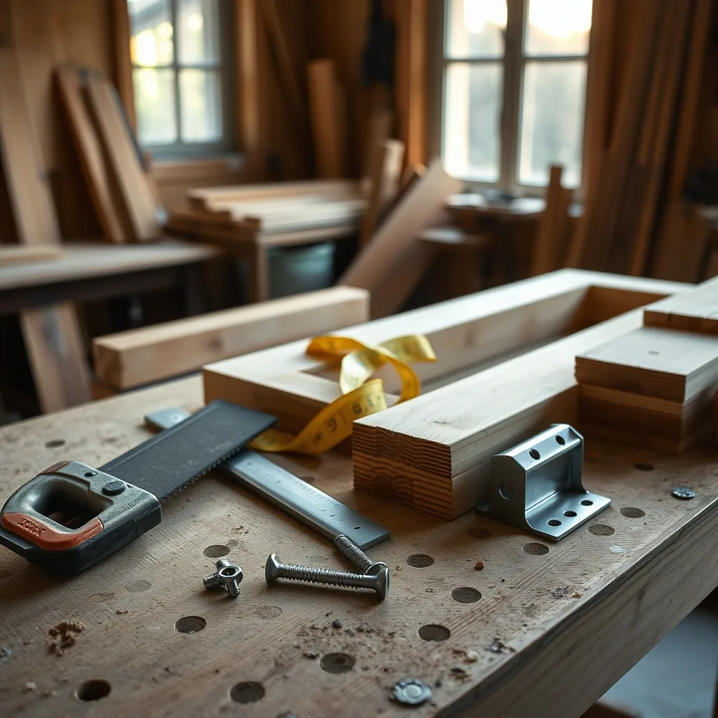 Préparation du chevêtre : bois de charpente, équerres et outils de menuisier