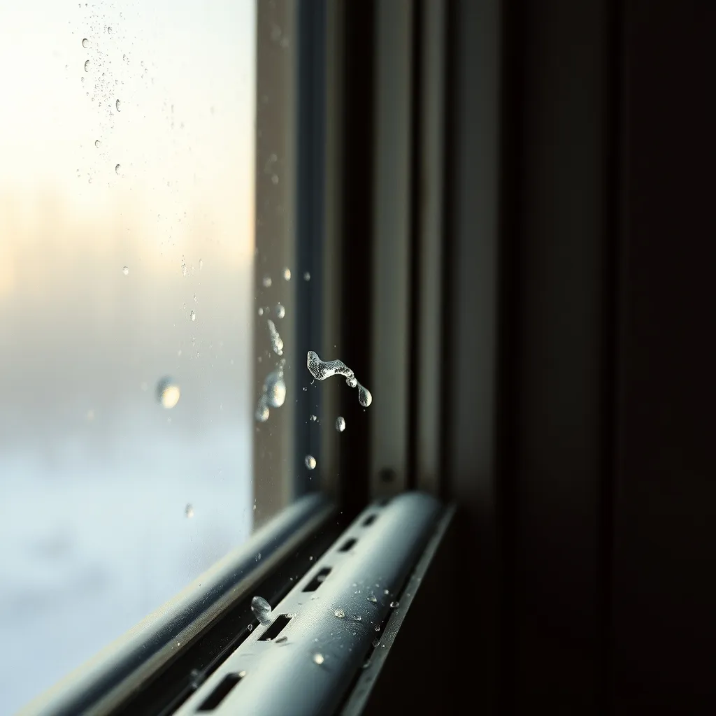 Condensation visible sur un profilé aluminium ancien sans rupture de pont thermique